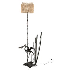 Vintage wrought iron floor lamp with heron, signed and dated 1971