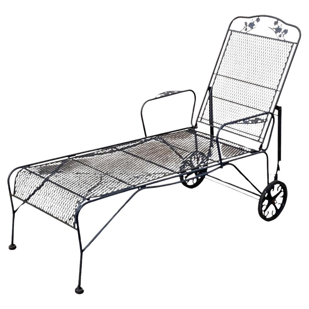 Vintage Wrought Iron Flower Pattern Adjustable Garden Patio Chaise Lounge Chair For Sale