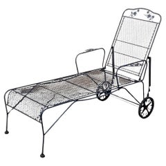 Used Wrought Iron Flower Pattern Adjustable Garden Patio Chaise Lounge Chair