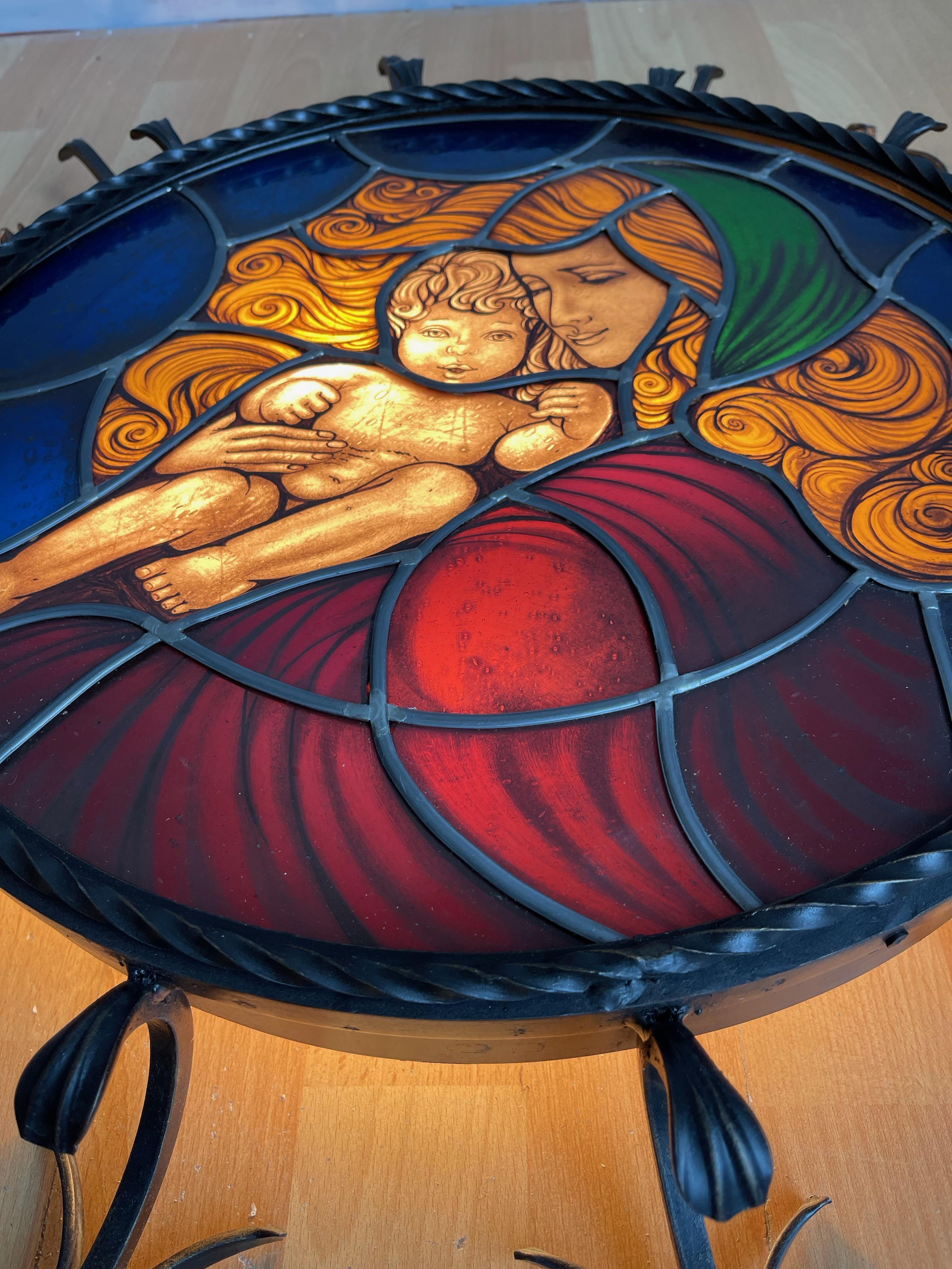 Vintage Wrought Iron Frame with Leaded Glass Wall Fixture, Madonna & Child For Sale 2