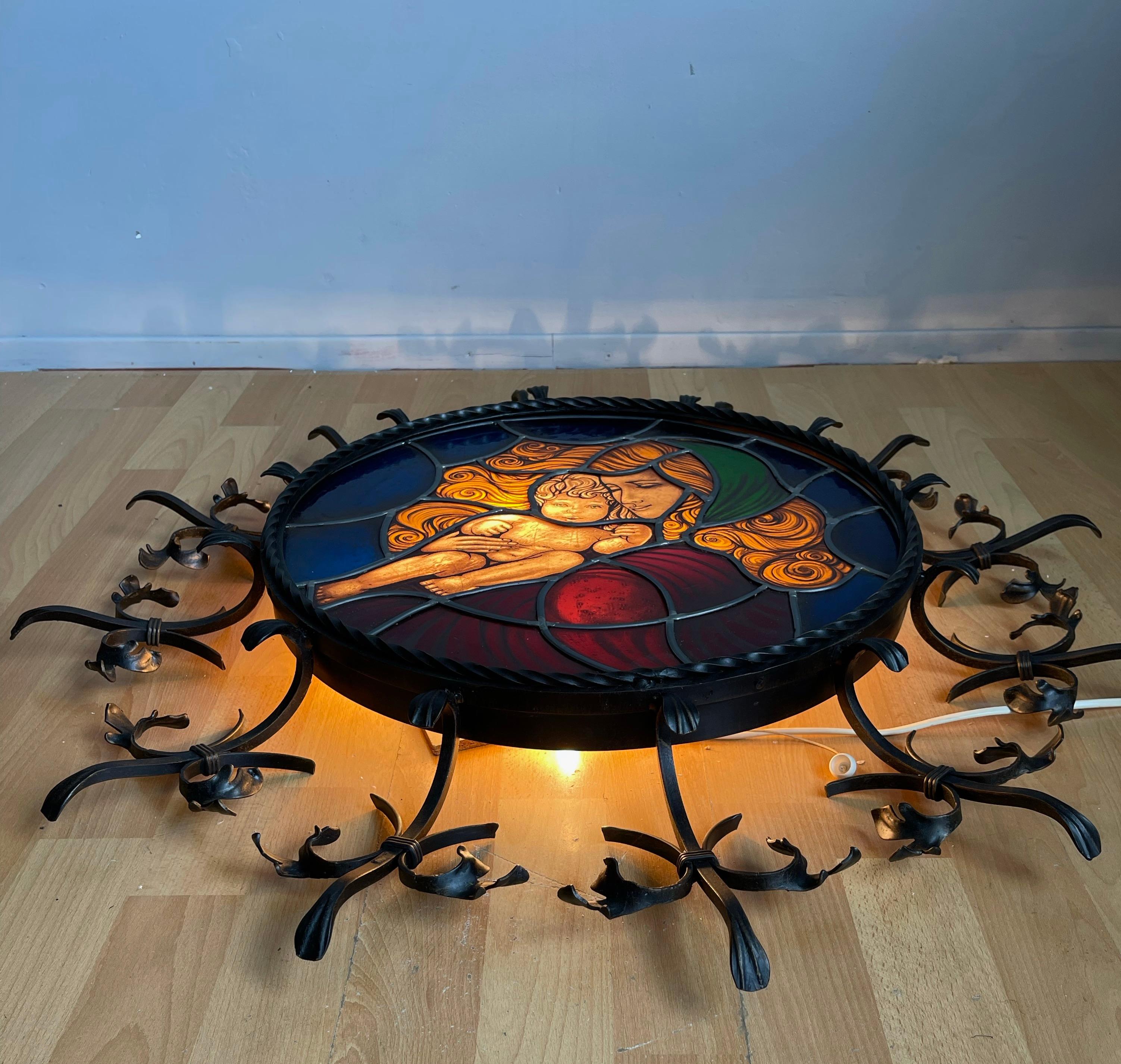 Vintage Wrought Iron Frame with Leaded Glass Wall Fixture, Madonna & Child For Sale 4