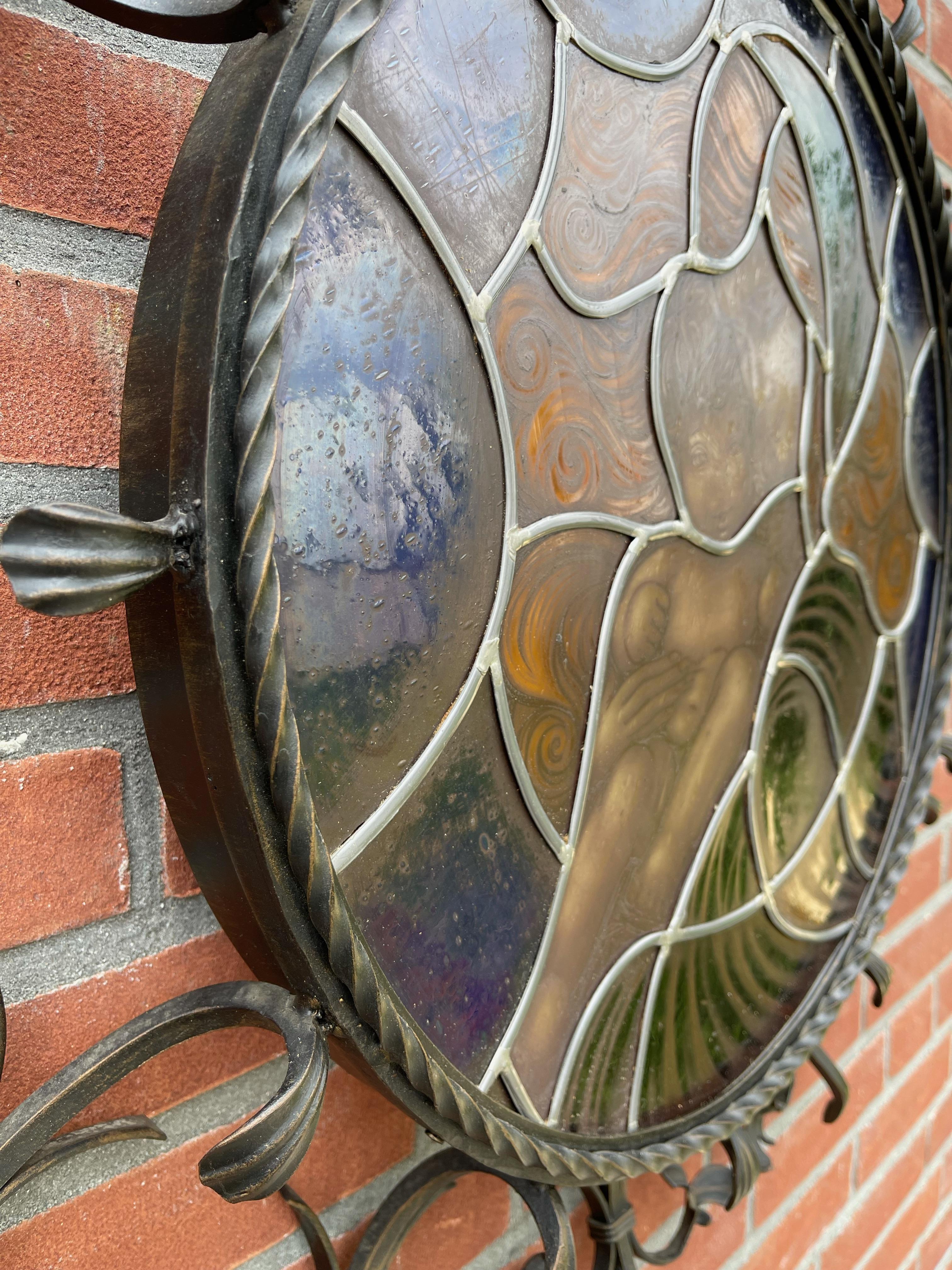 Vintage Wrought Iron Frame with Leaded Glass Wall Fixture, Madonna & Child For Sale 6