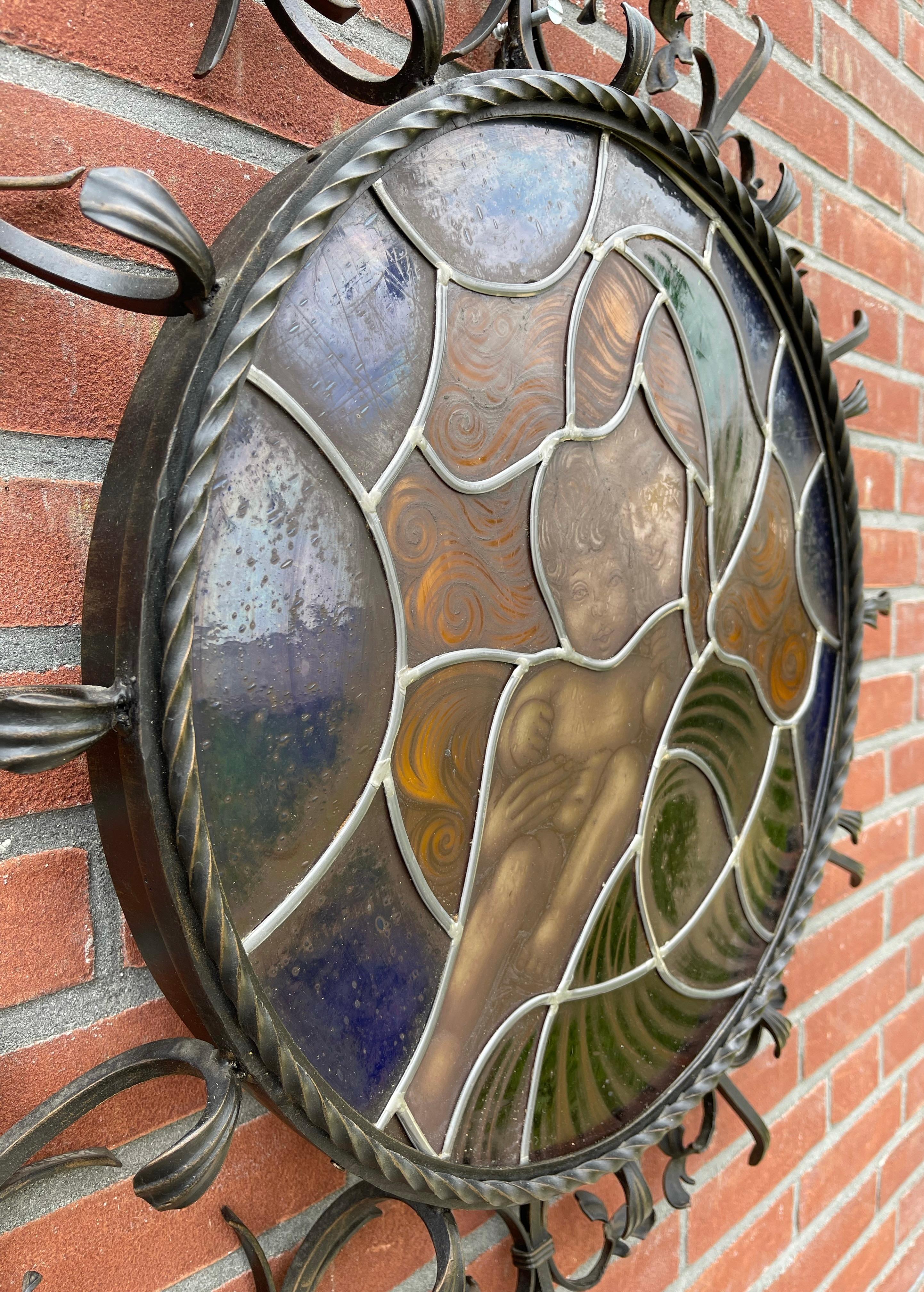 Vintage Wrought Iron Frame with Leaded Glass Wall Fixture, Madonna & Child For Sale 7