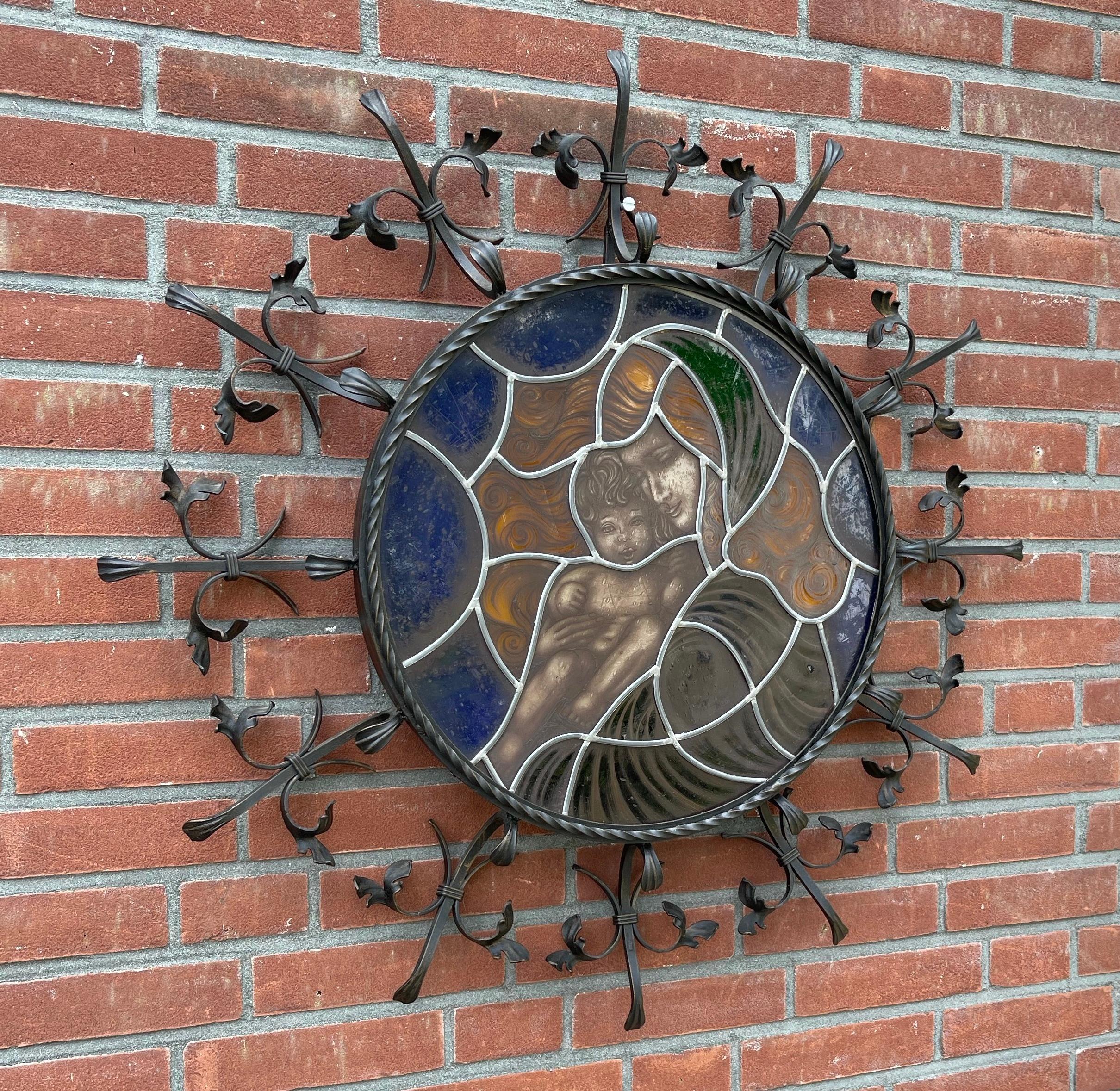 Vintage Wrought Iron Frame with Leaded Glass Wall Fixture, Madonna & Child For Sale 8