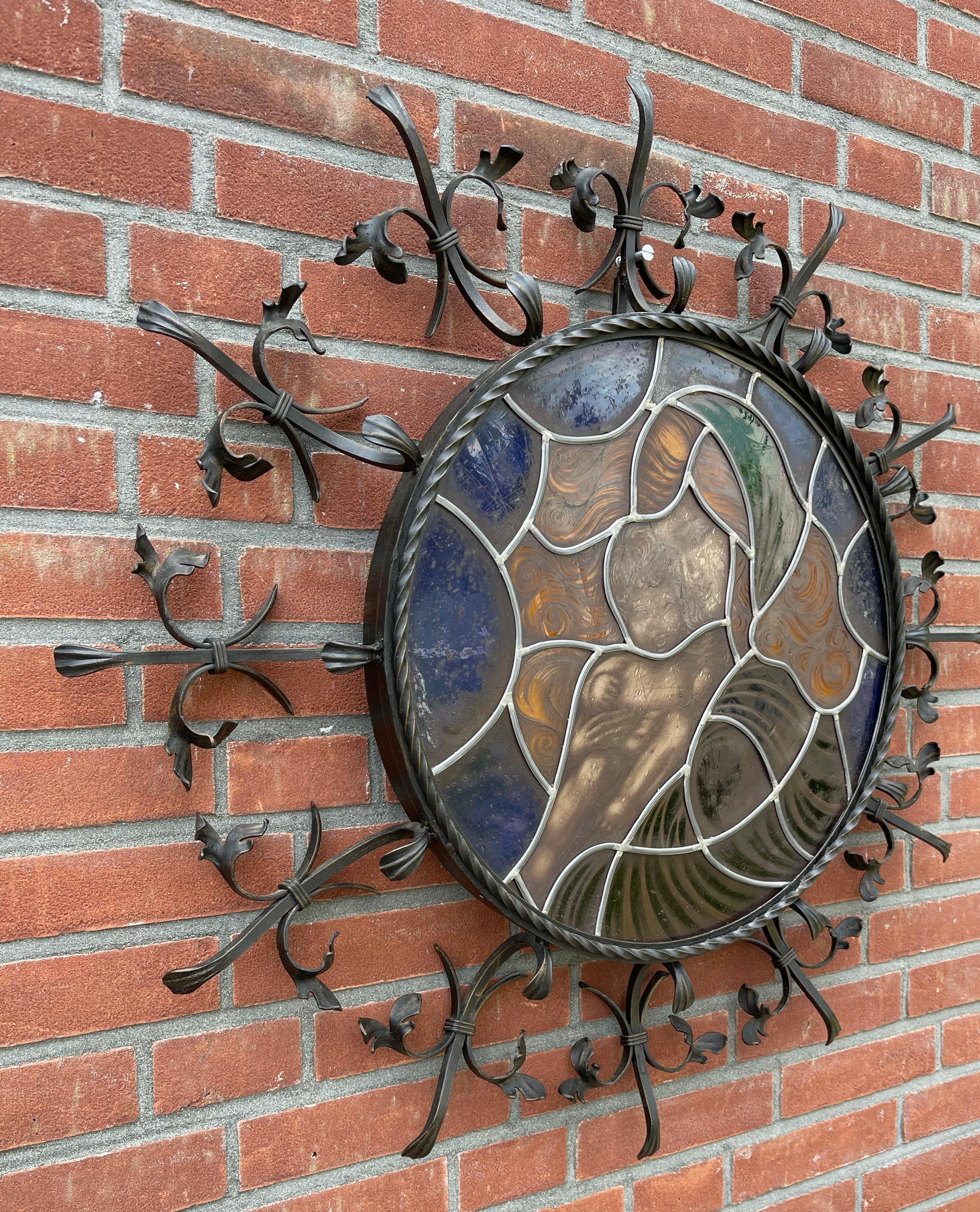 Vintage Wrought Iron Frame with Leaded Glass Wall Fixture, Madonna & Child For Sale 9