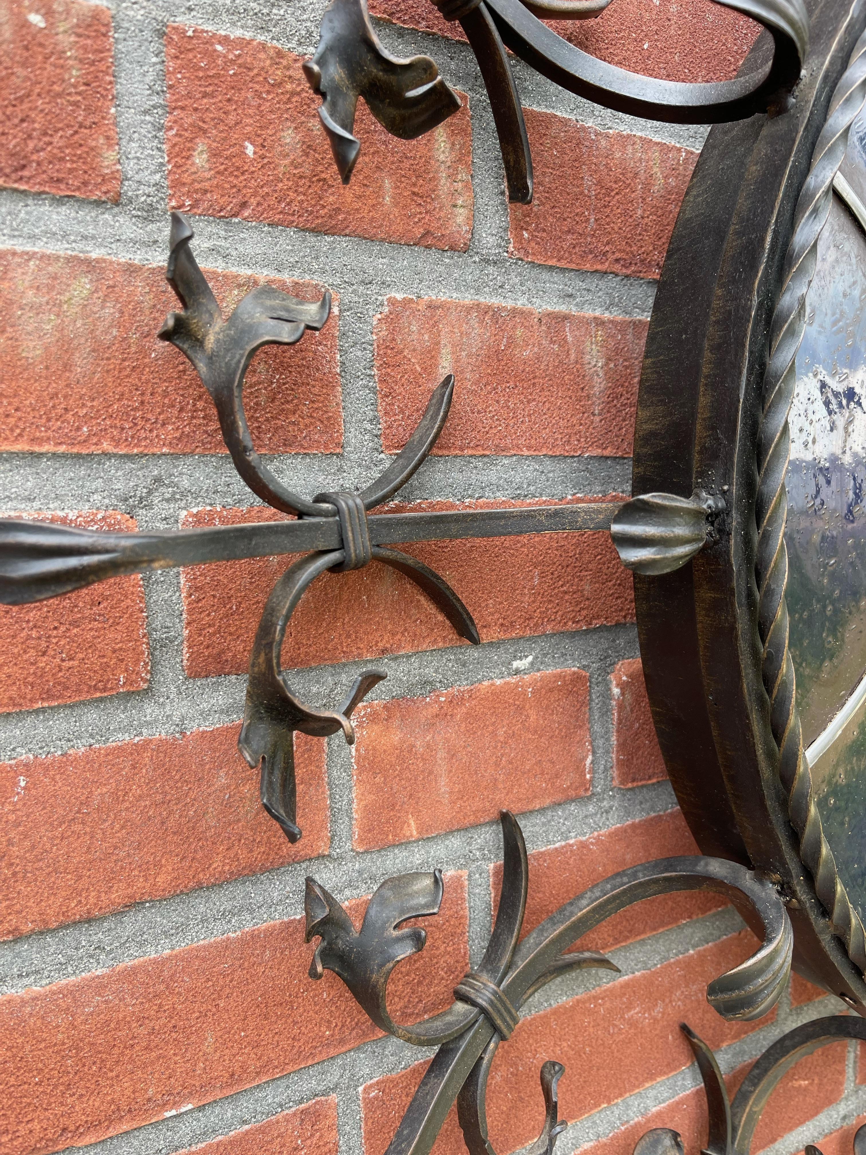 Vintage Wrought Iron Frame with Leaded Glass Wall Fixture, Madonna & Child For Sale 10