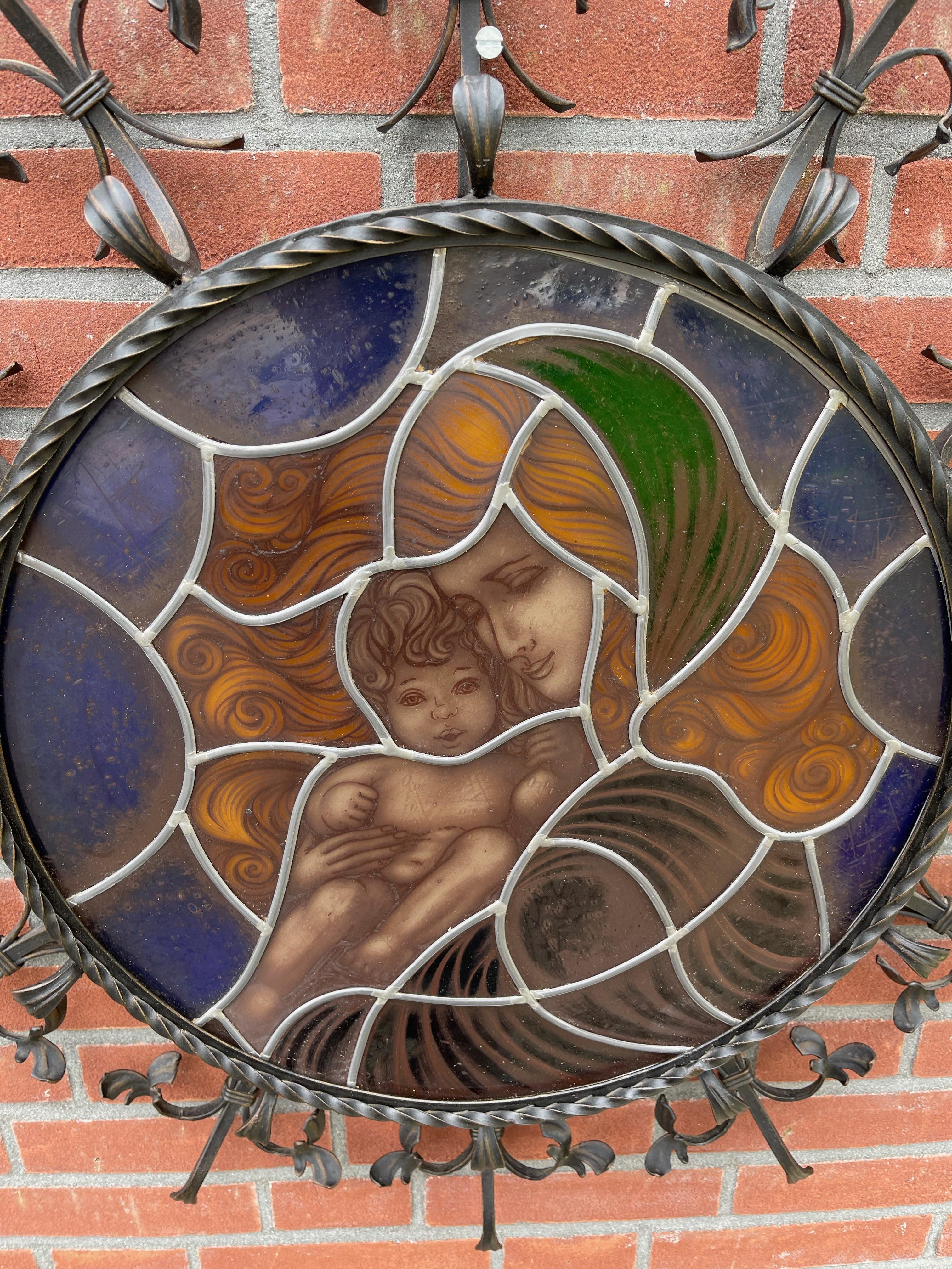 European Vintage Wrought Iron Frame with Leaded Glass Wall Fixture, Madonna & Child For Sale