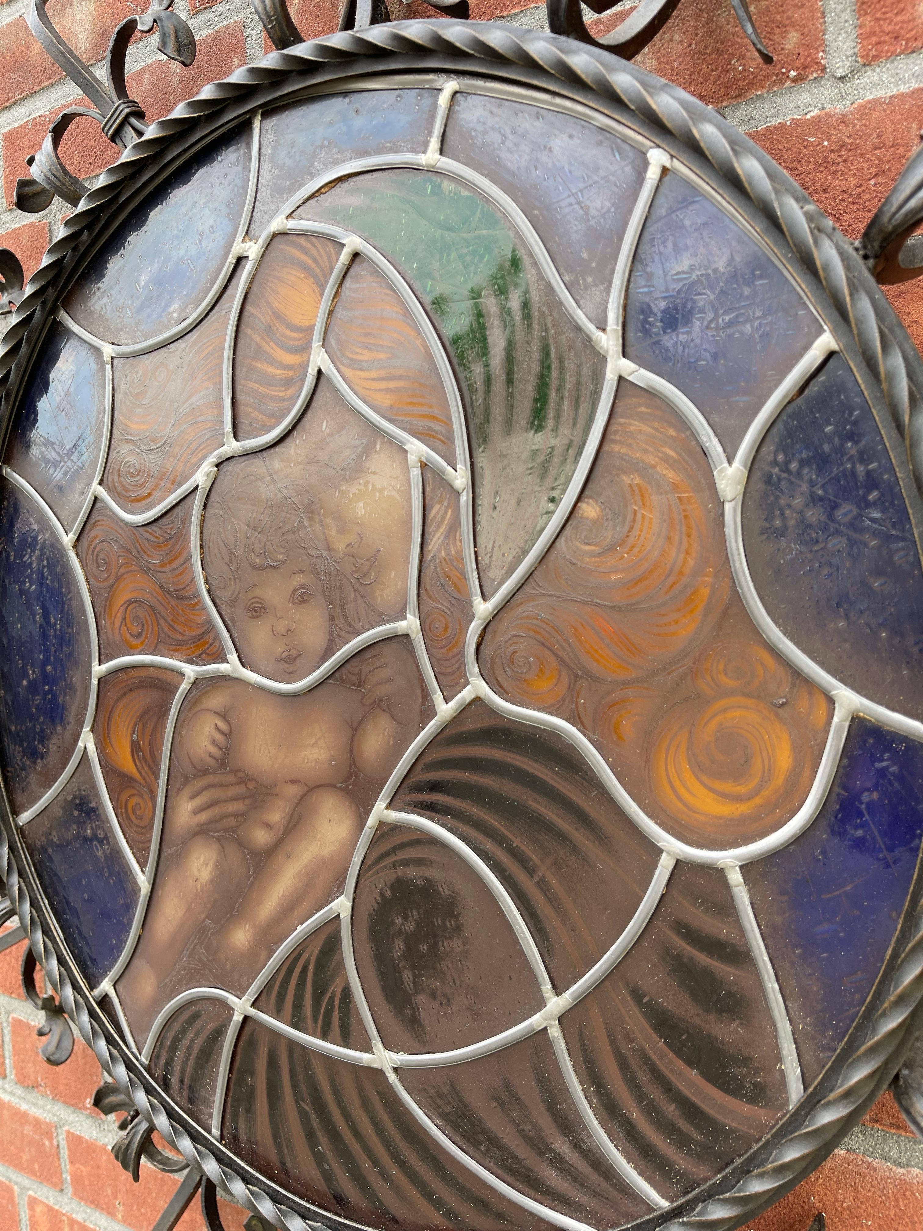 Vintage Wrought Iron Frame with Leaded Glass Wall Fixture, Madonna & Child In Excellent Condition For Sale In Lisse, NL
