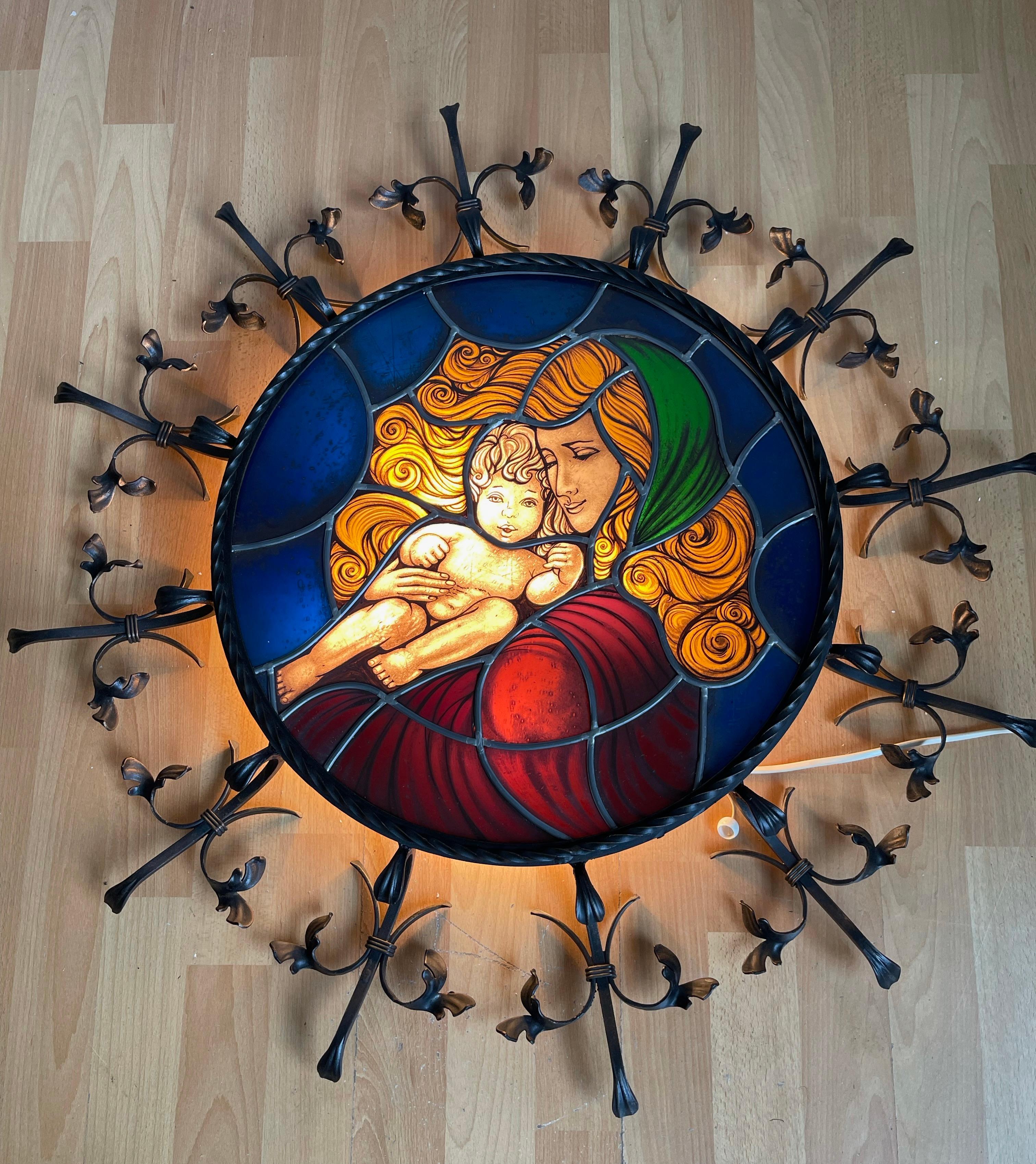20th Century Vintage Wrought Iron Frame with Leaded Glass Wall Fixture, Madonna & Child For Sale