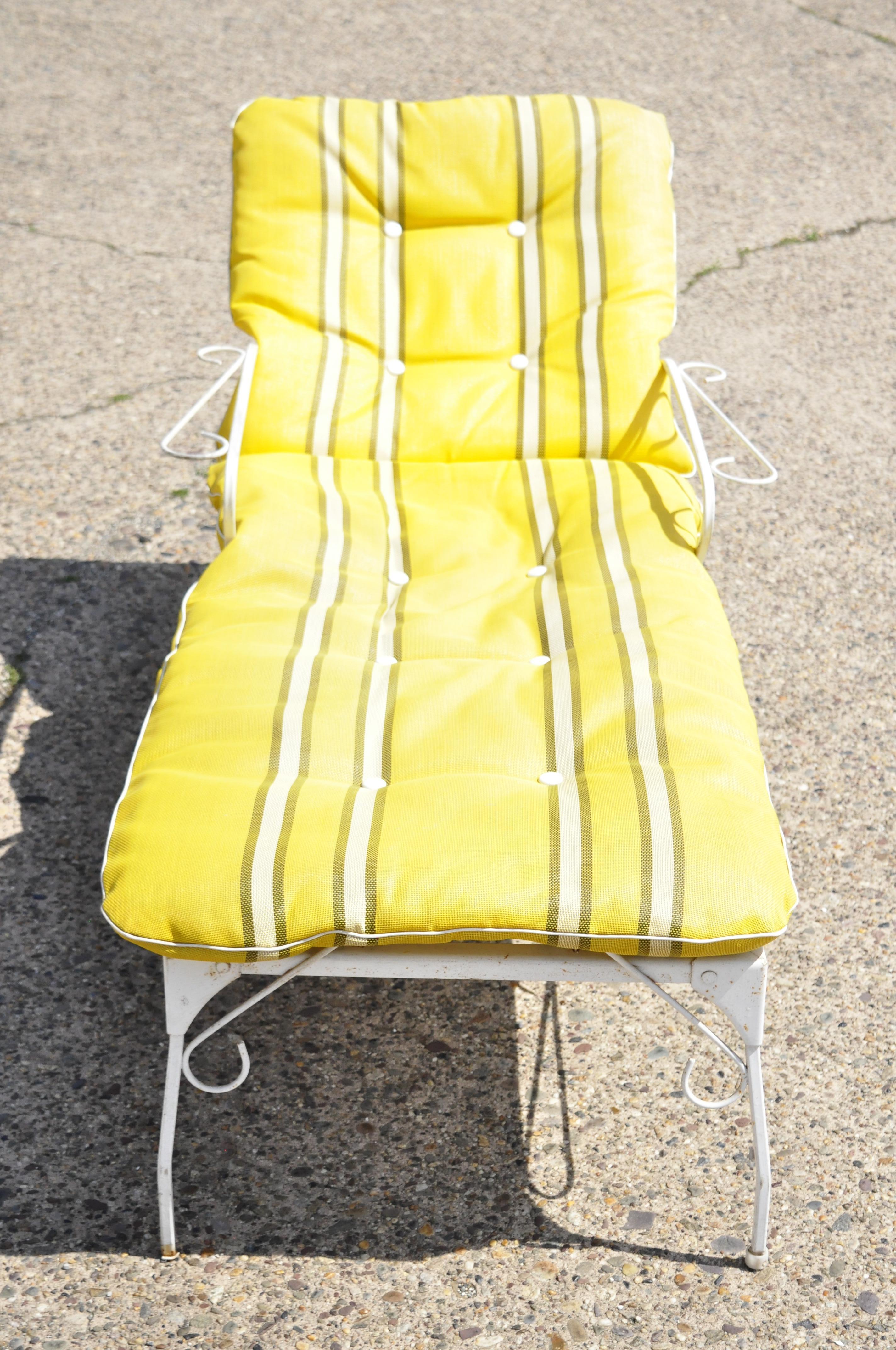 Vintage Wrought Iron Garden Patio Adjustable Chaise Lounge Chair Yellow Cushion 3