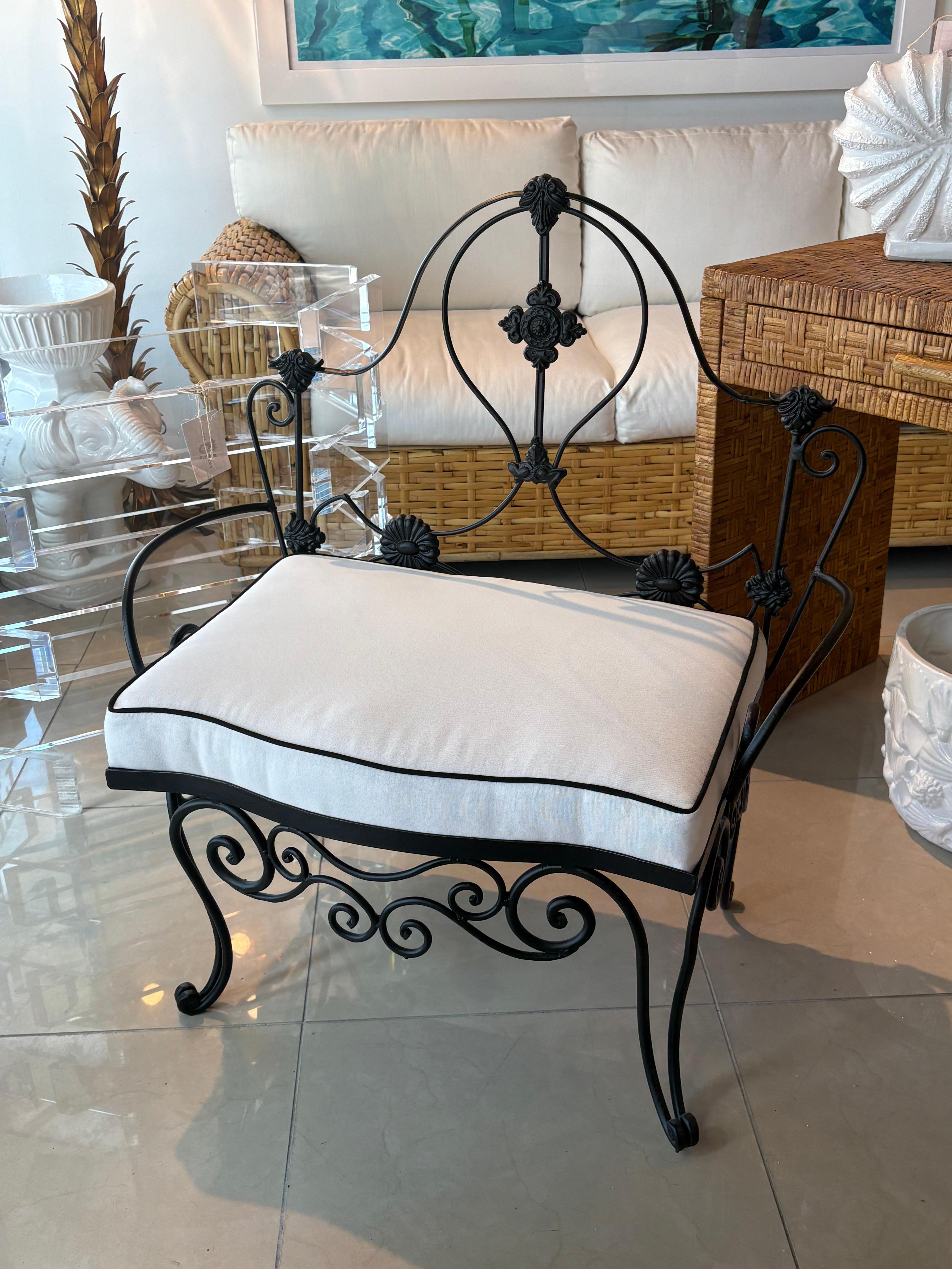 Vintage Wrought Iron Garden Patio Bench Stool Newly Upholstered Powder-coated For Sale 2