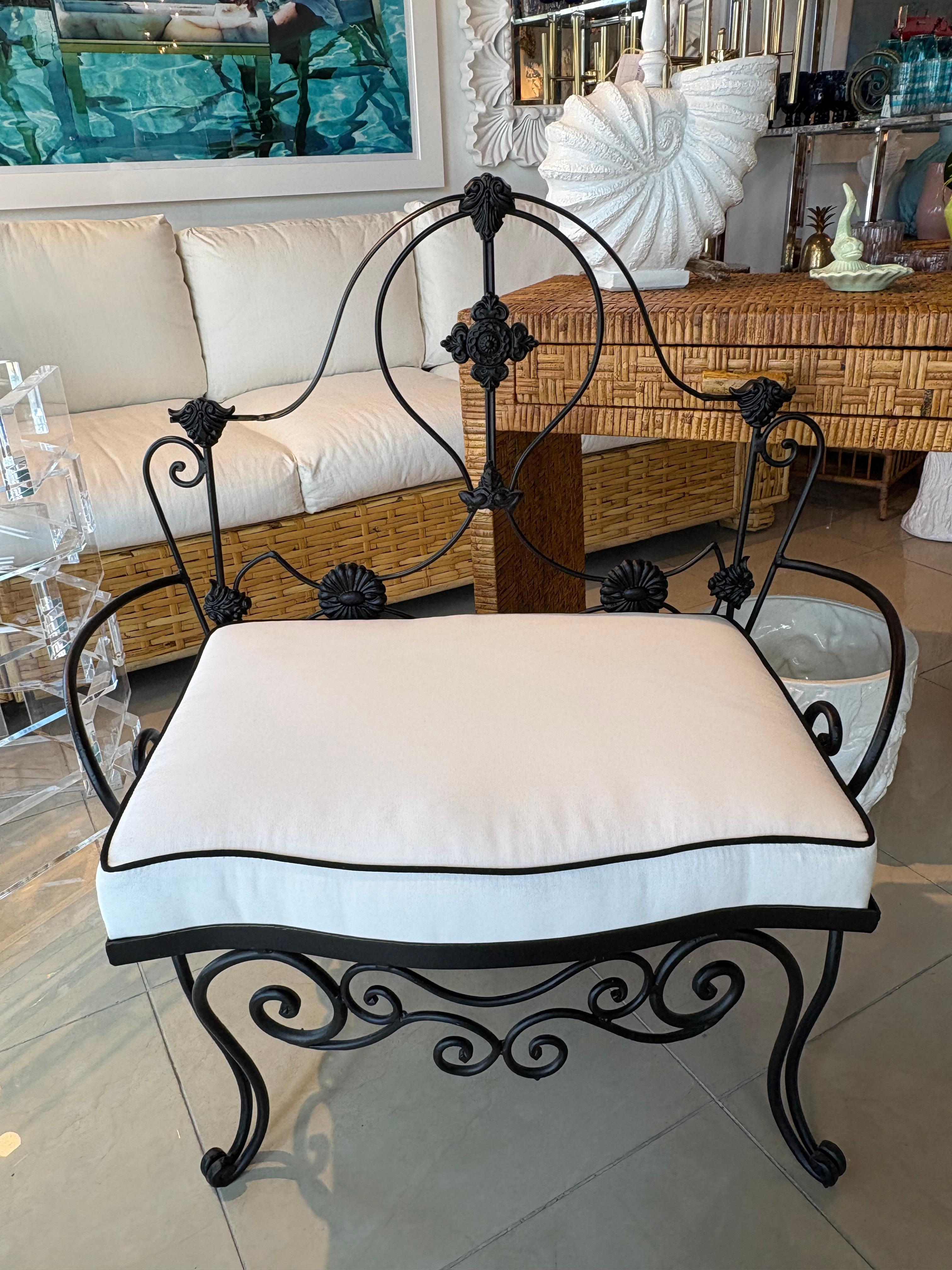Vintage Wrought Iron Garden Patio Bench Stool Newly Upholstered Powder-coated For Sale 3