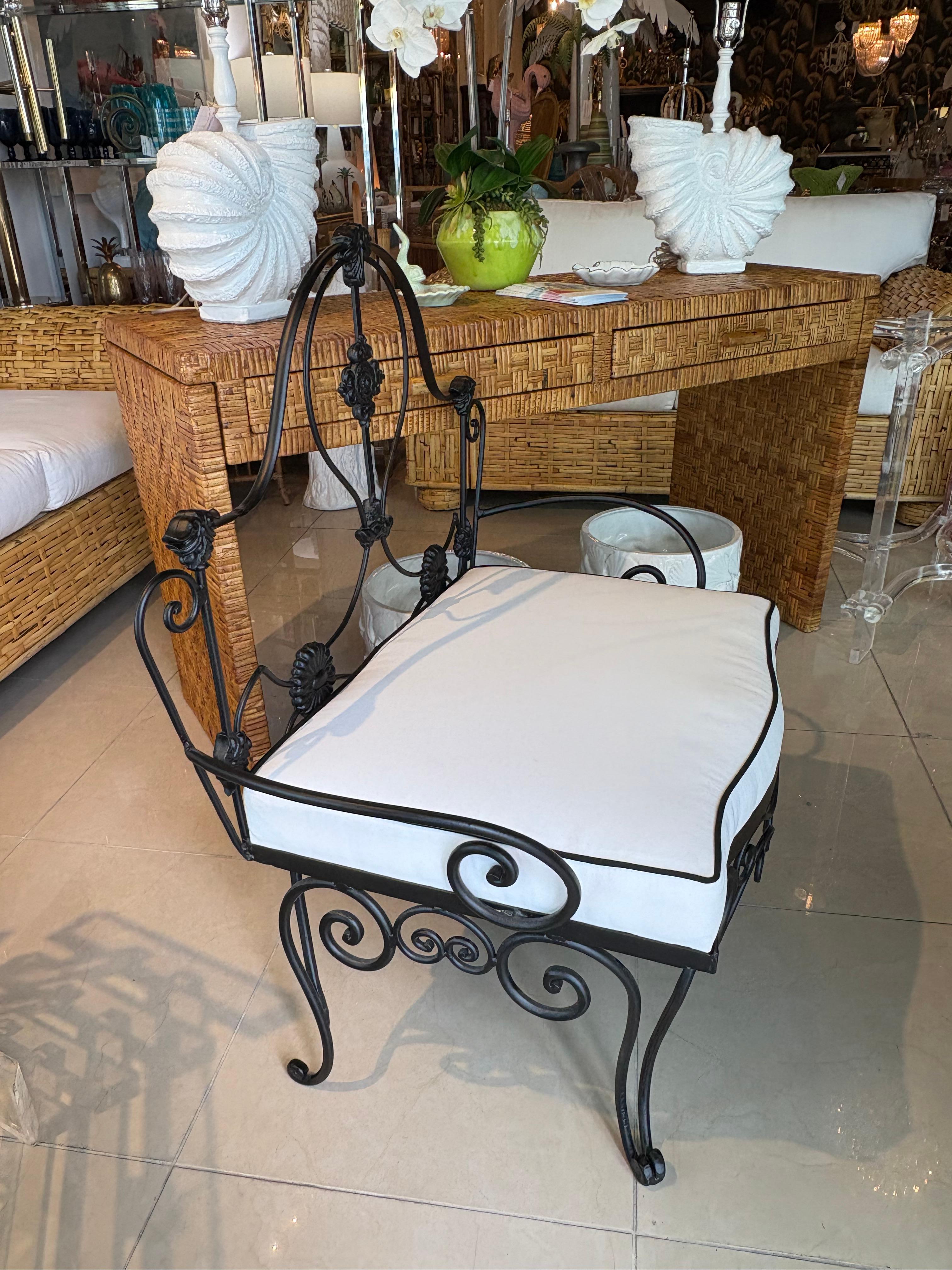 Vintage Wrought Iron Garden Patio Bench Stool Newly Upholstered Powder-coated For Sale 5