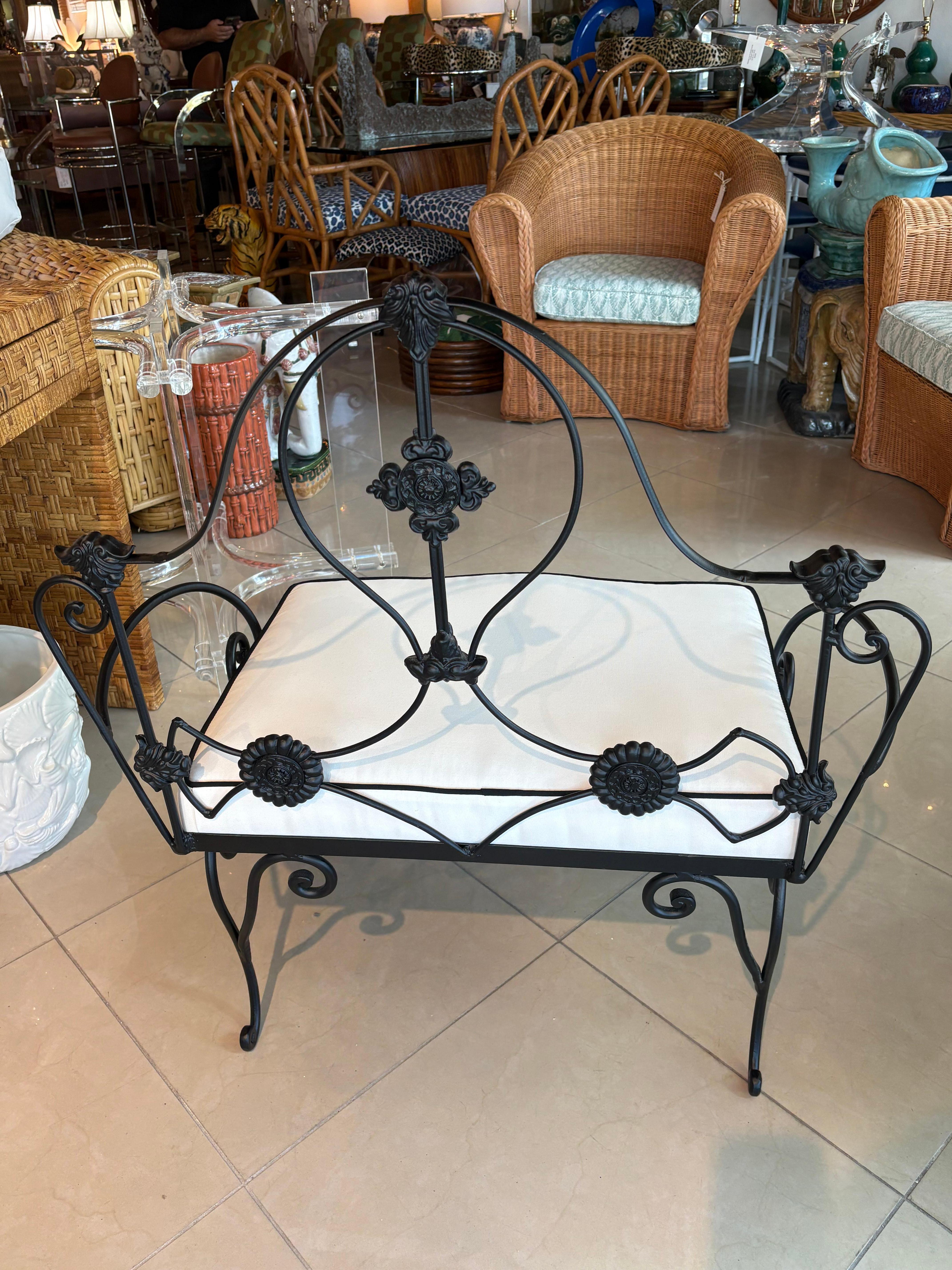 Hollywood Regency Vintage Wrought Iron Garden Patio Bench Stool Newly Upholstered Powder-coated For Sale