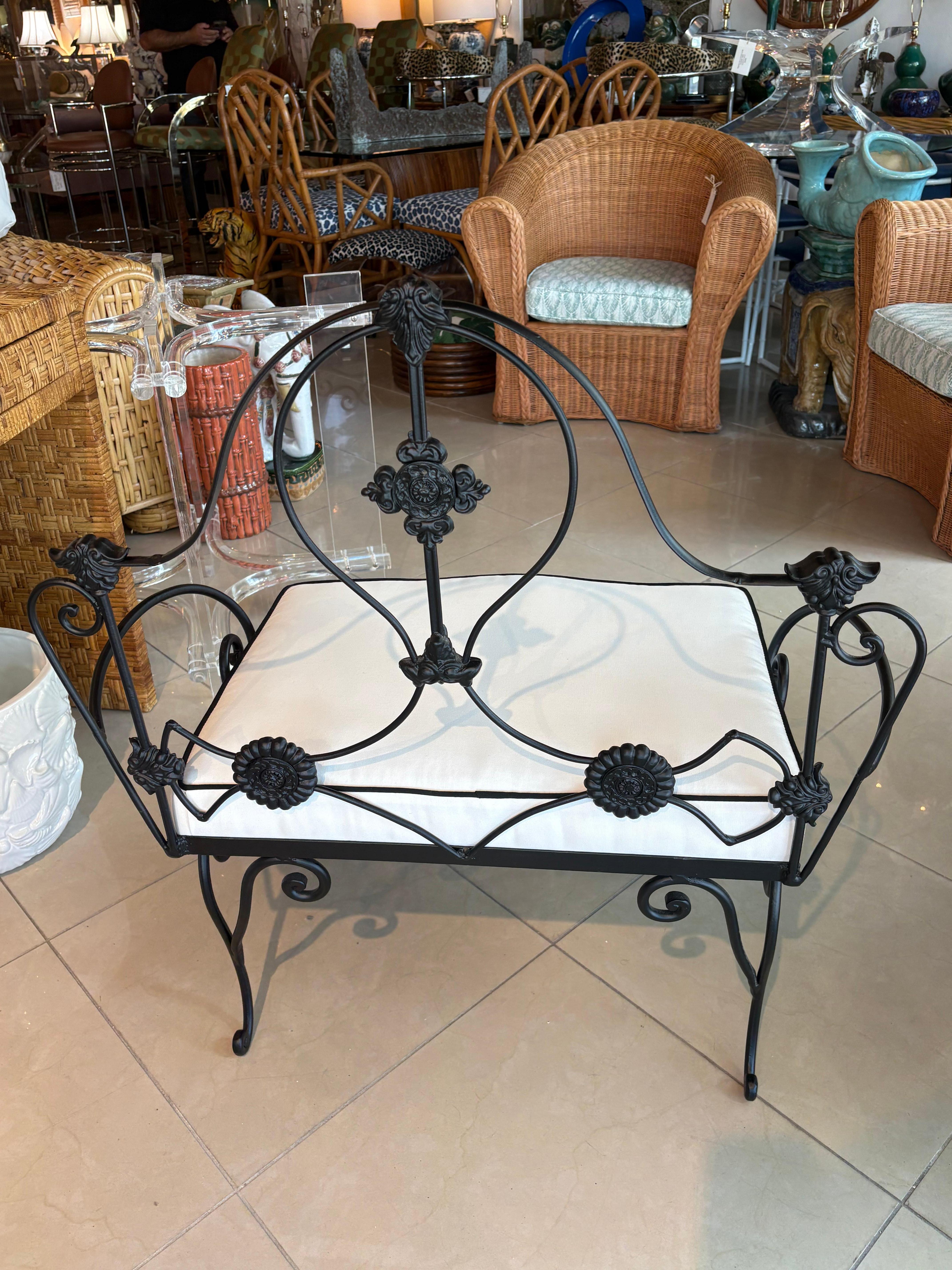 French Vintage Wrought Iron Garden Patio Bench Stool Newly Upholstered Powder-coated For Sale
