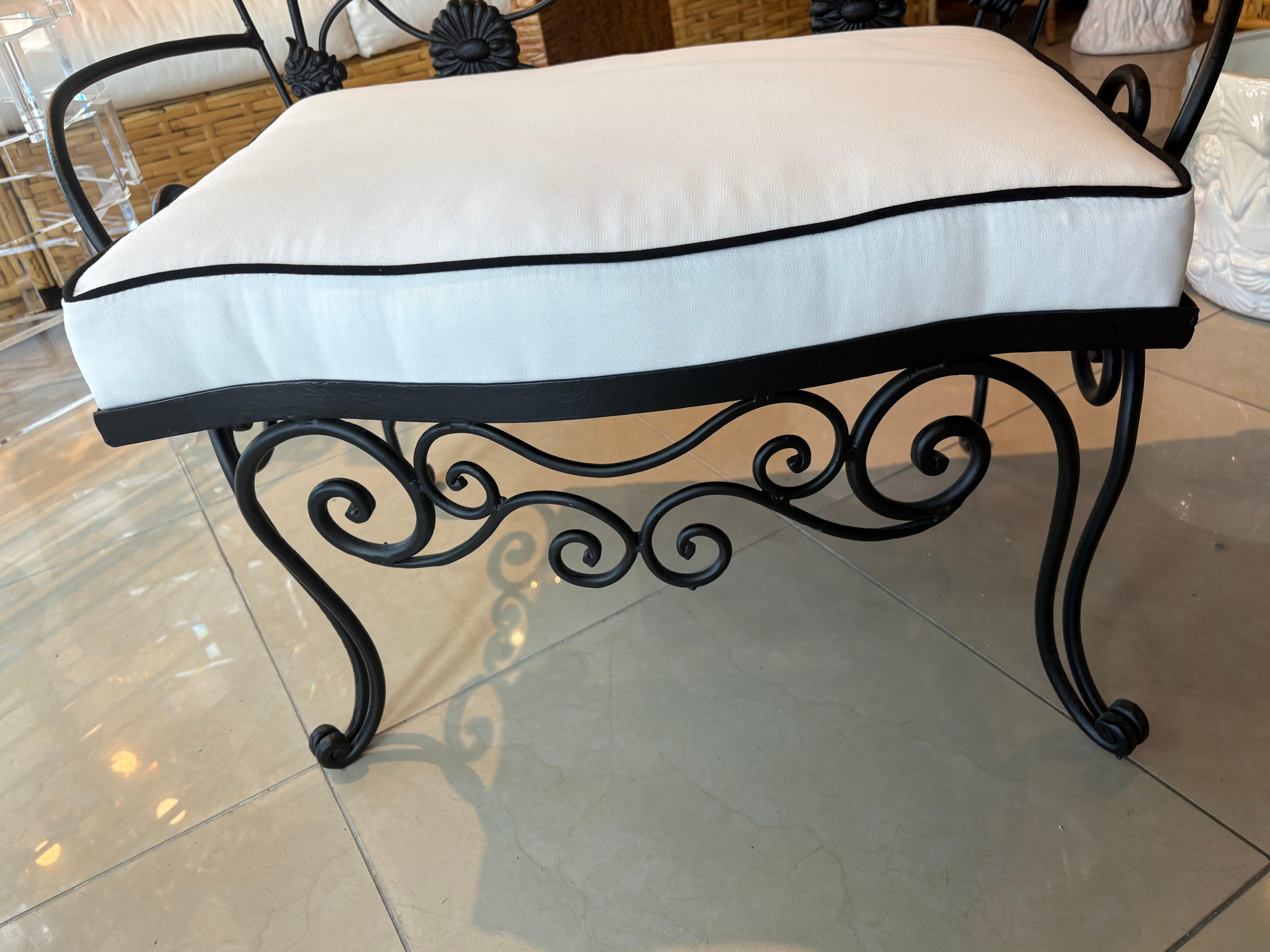 Powder-Coated Vintage Wrought Iron Garden Patio Bench Stool Newly Upholstered Powder-coated For Sale