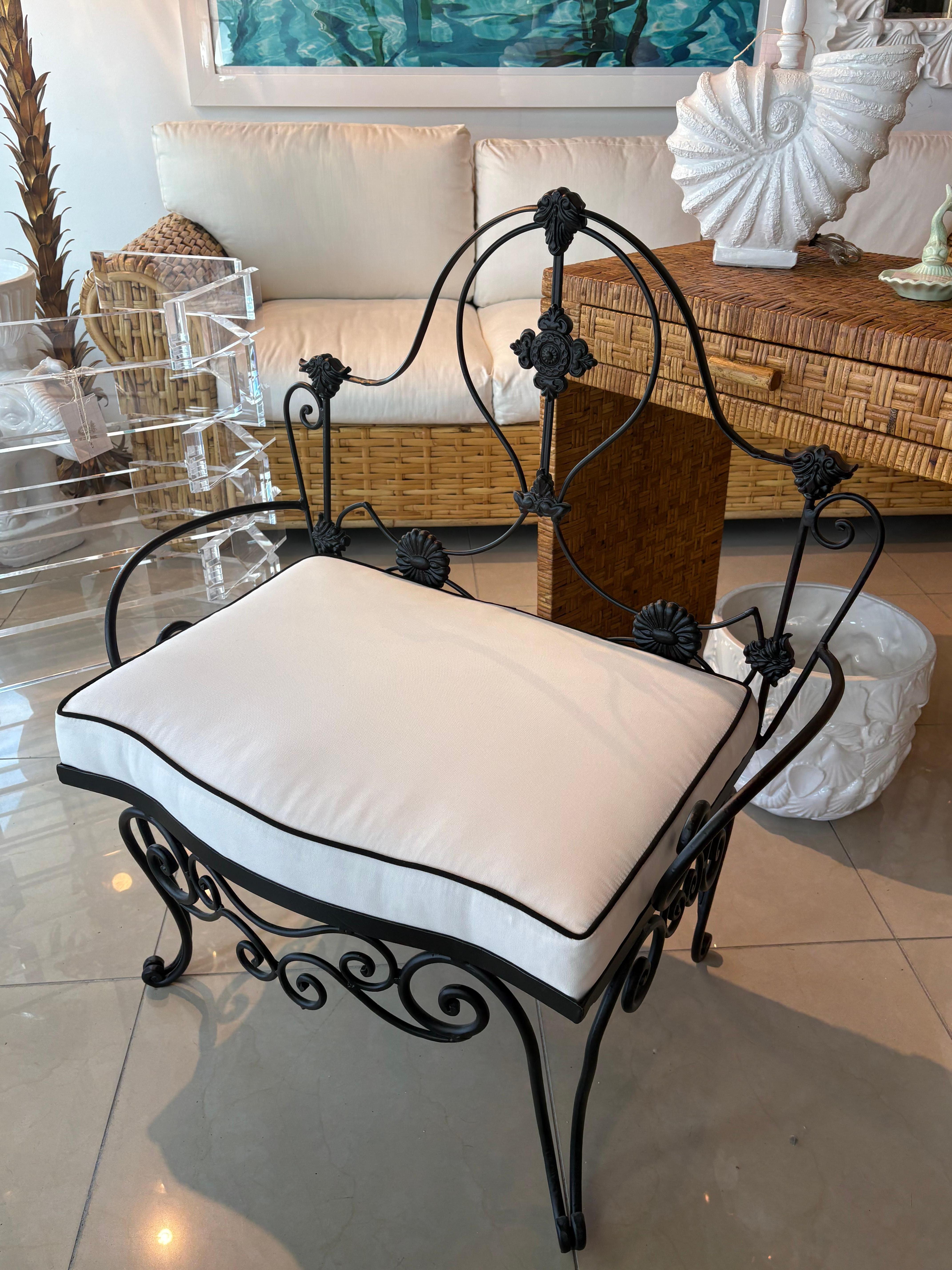 Upholstery Vintage Wrought Iron Garden Patio Bench Stool Newly Upholstered Powder-coated For Sale