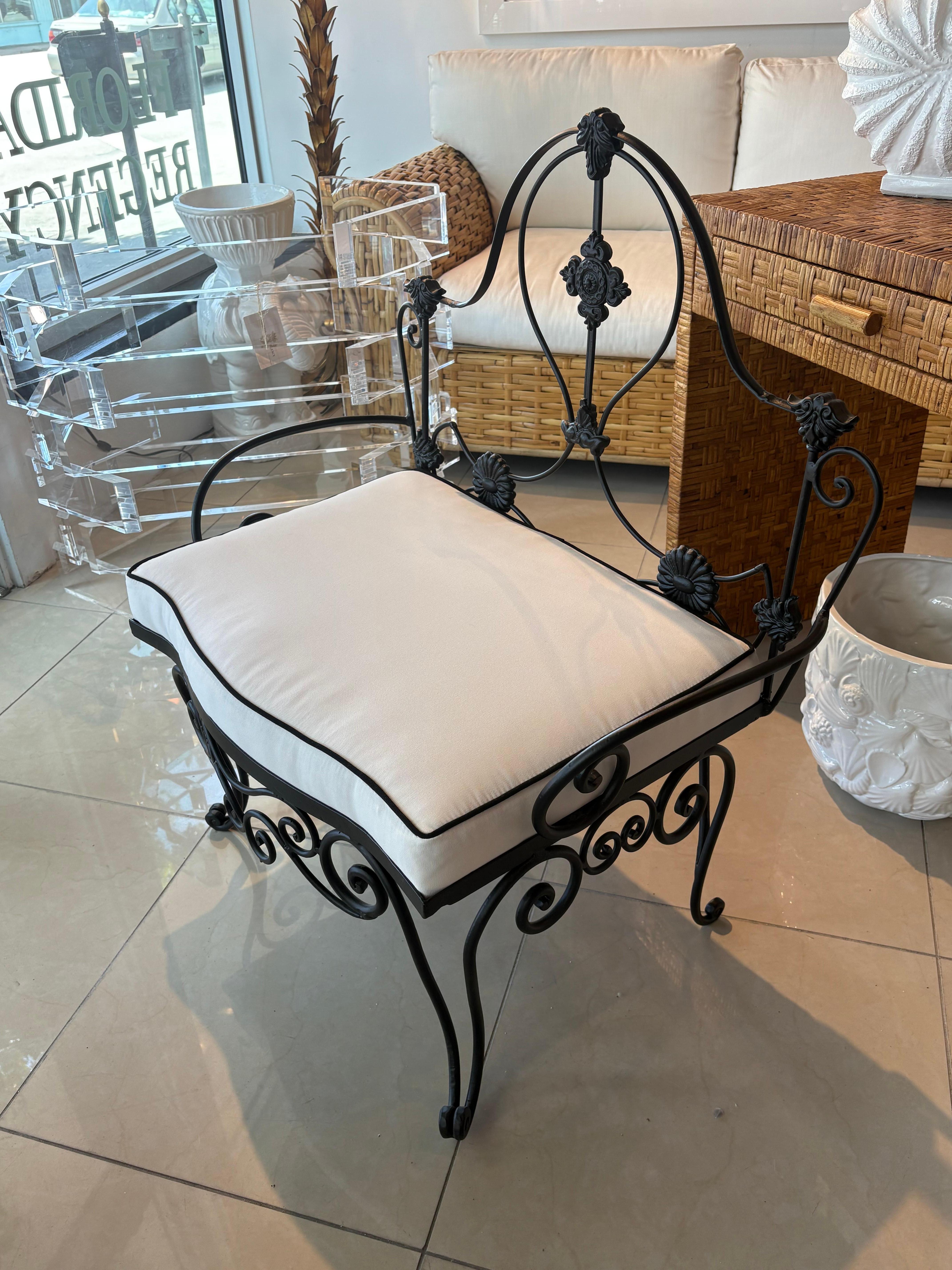 Vintage Wrought Iron Garden Patio Bench Stool Newly Upholstered Powder-coated For Sale 1