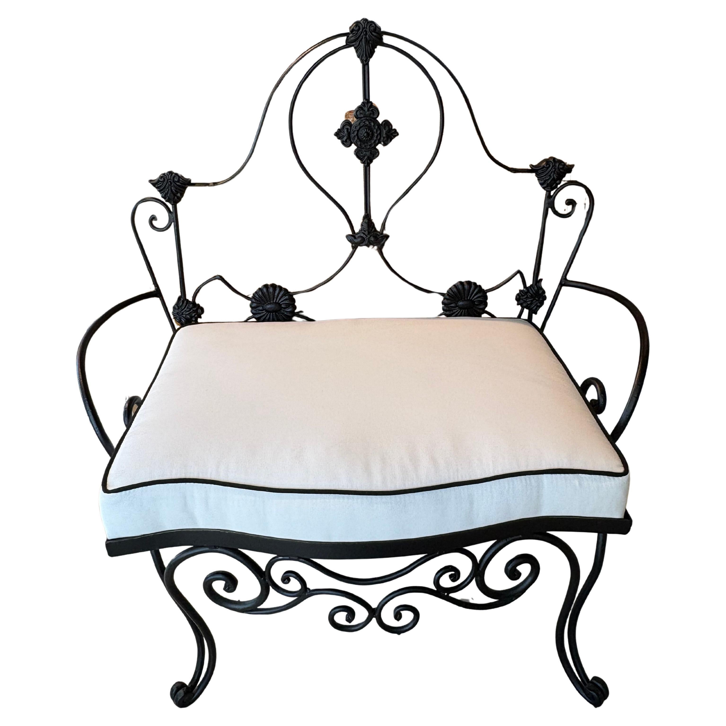 Vintage Wrought Iron Garden Patio Bench Stool Newly Upholstered Powder-coated For Sale