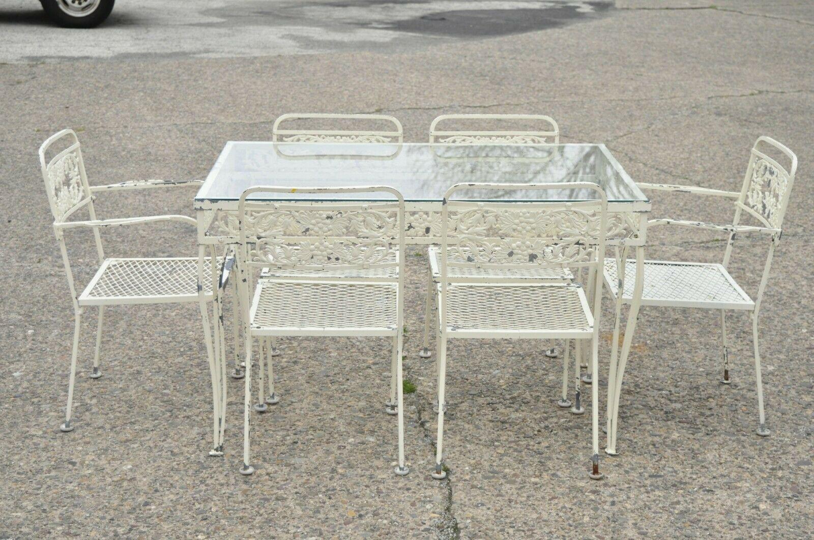 Table de salle à manger de jardin vintage en fer forgé à motif feuilles de raisin, 6 chaises, 7 pièces en vente 3