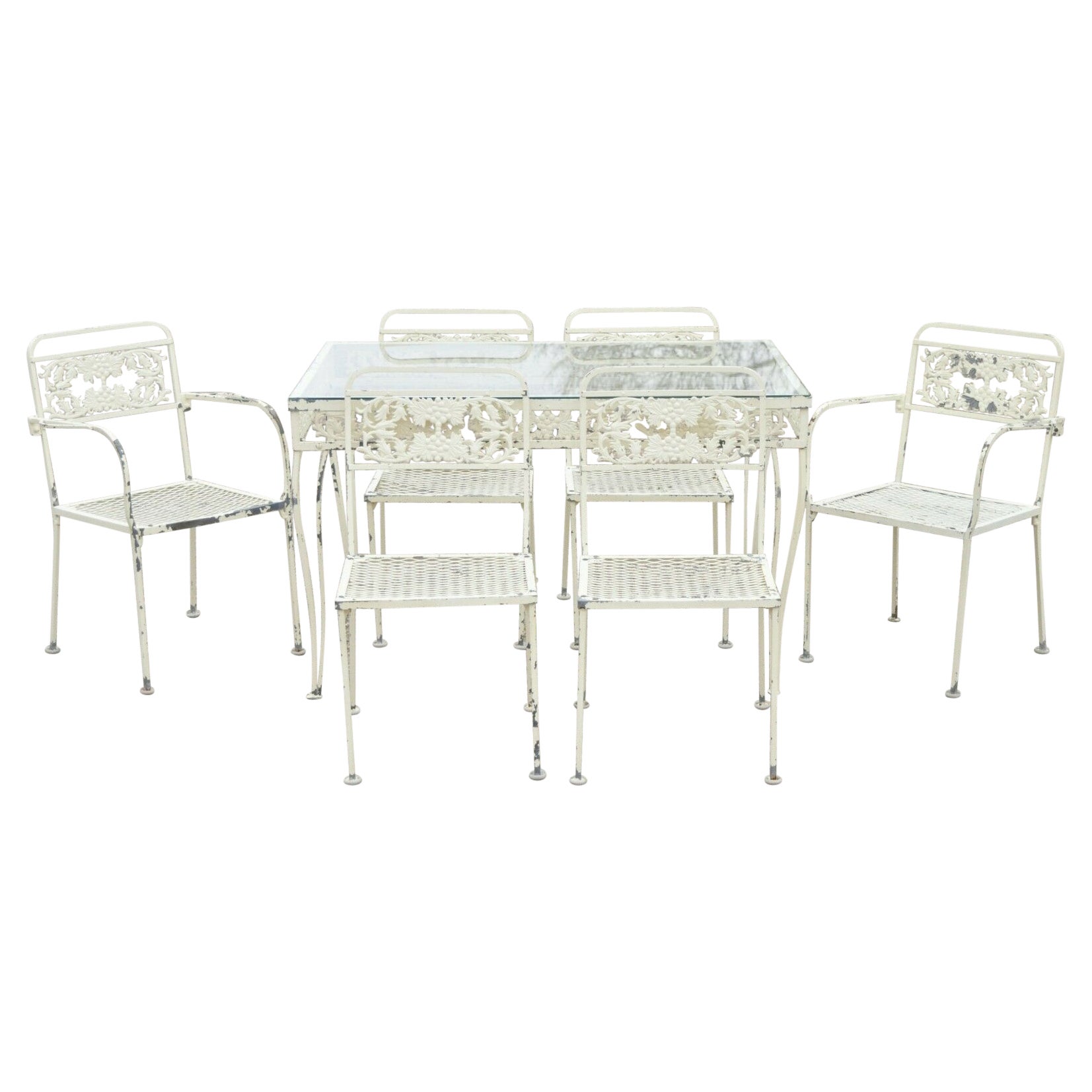 Tavolo da pranzo da giardino in ferro battuto vintage con foglie d'uva e 6 sedie, set da 7 pezzi
