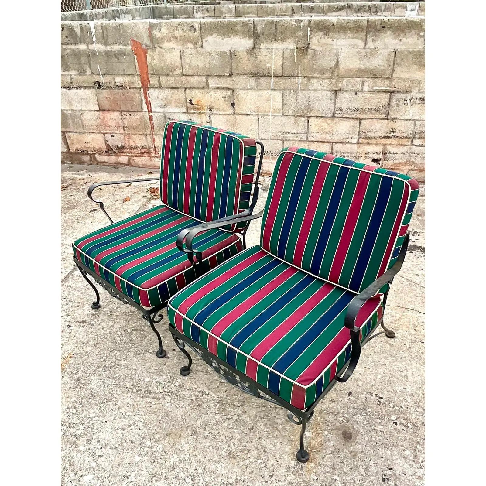 Vintage Wrought Iron Lounge Chairs, a Pair In Good Condition In west palm beach, FL