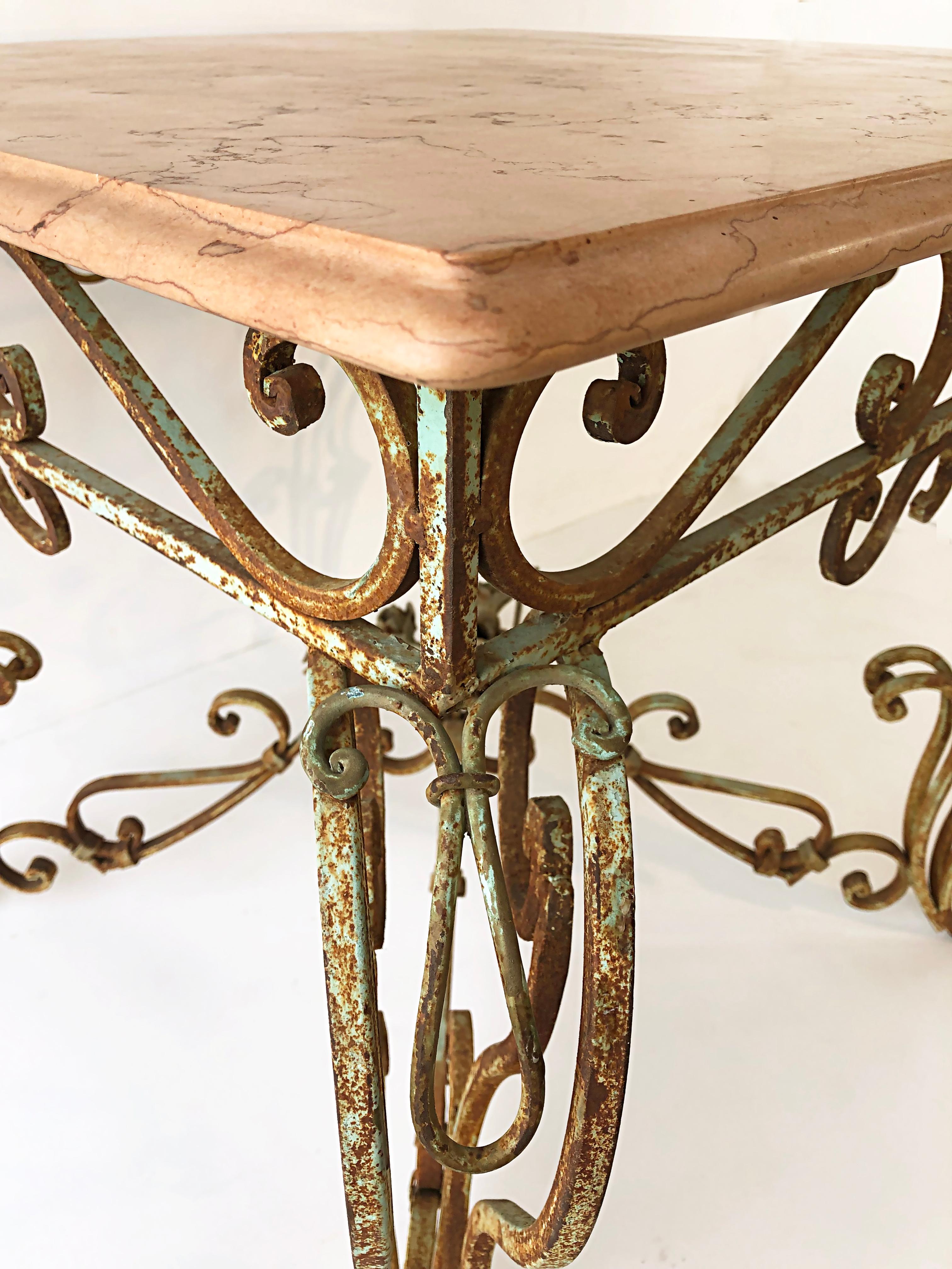 Vintage Wrought Iron Marble Top Garden Table with Scrollwork and Flowers For Sale 2