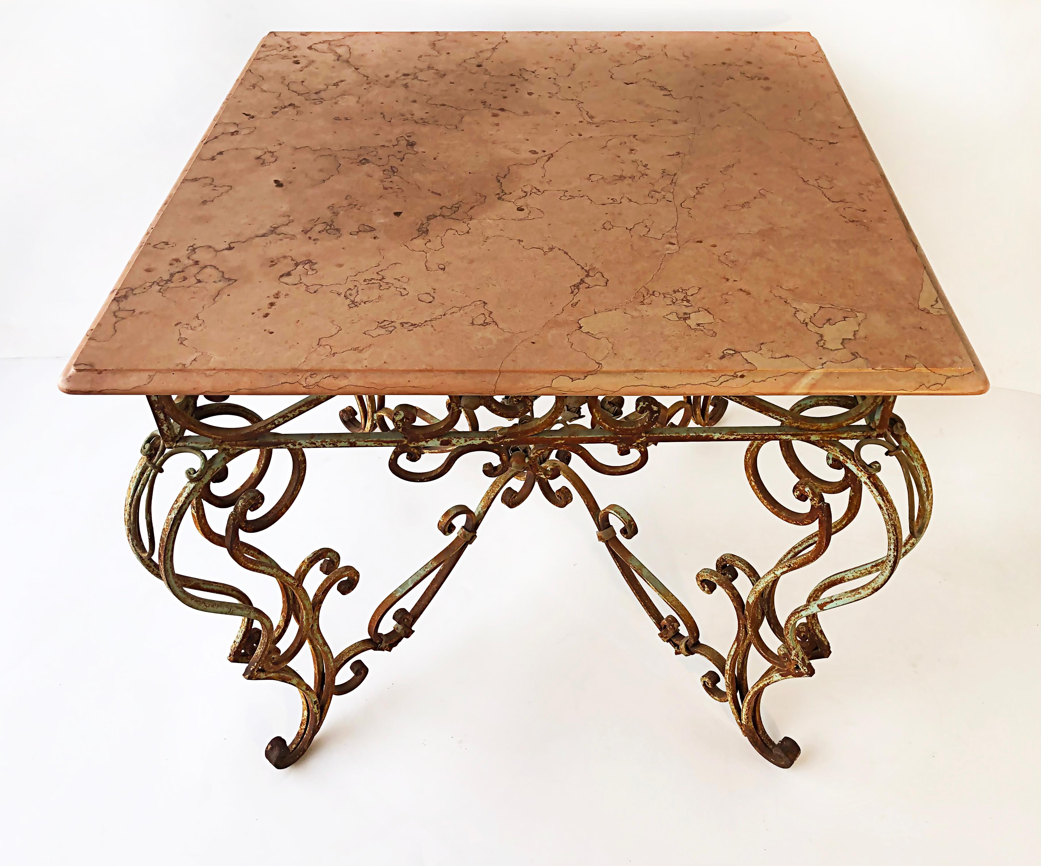 Vintage Wrought Iron Marble Top Garden Table with Scrollwork and