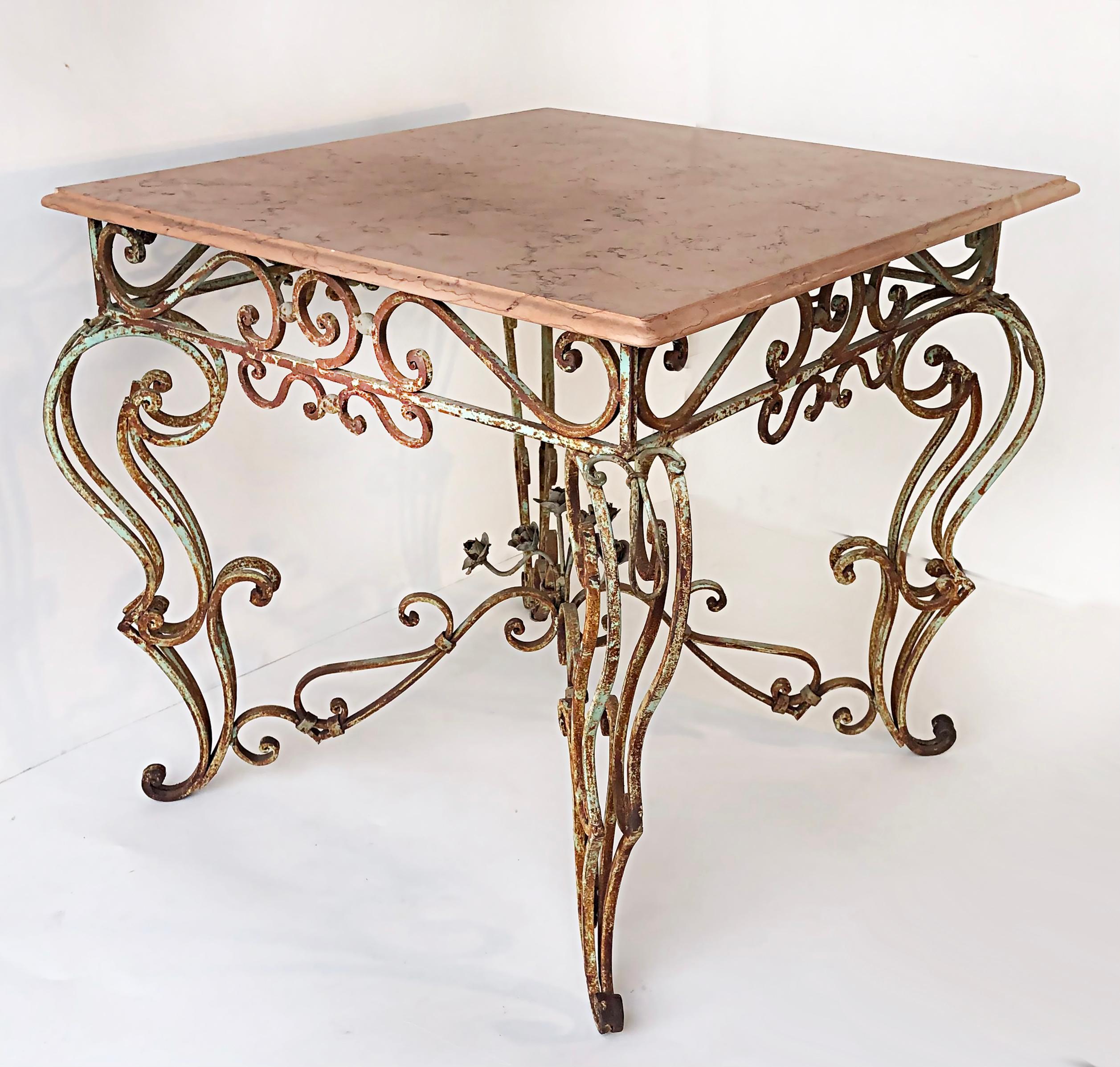 Vintage Wrought Iron Marble Top Garden Table with Scrollwork and
