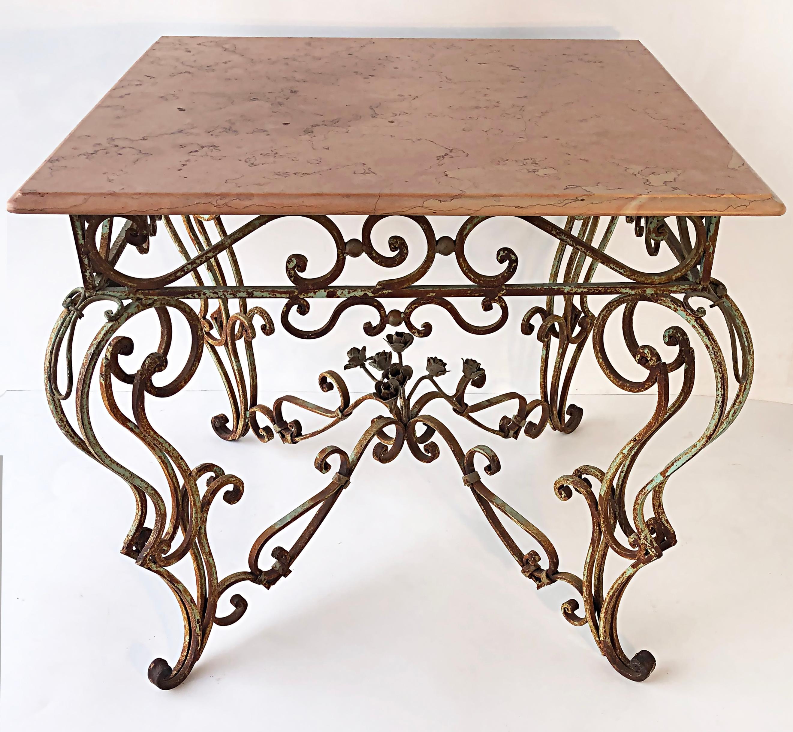 Vintage Wrought Iron Marble Top Garden Table with Scrollwork and