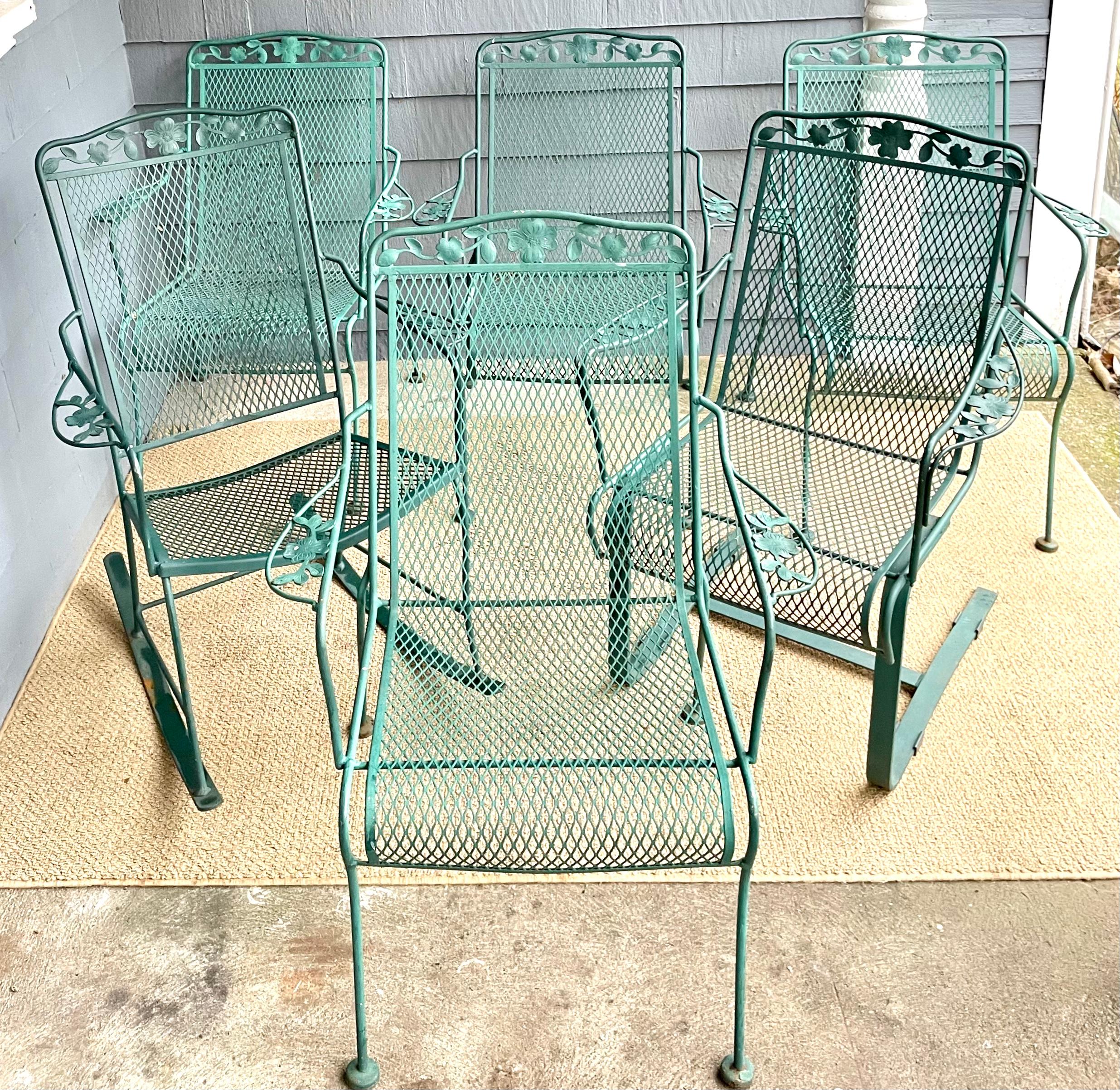 Vintage Wrought Iron Outdoor Patio Chairs Set of 6 For Sale 1