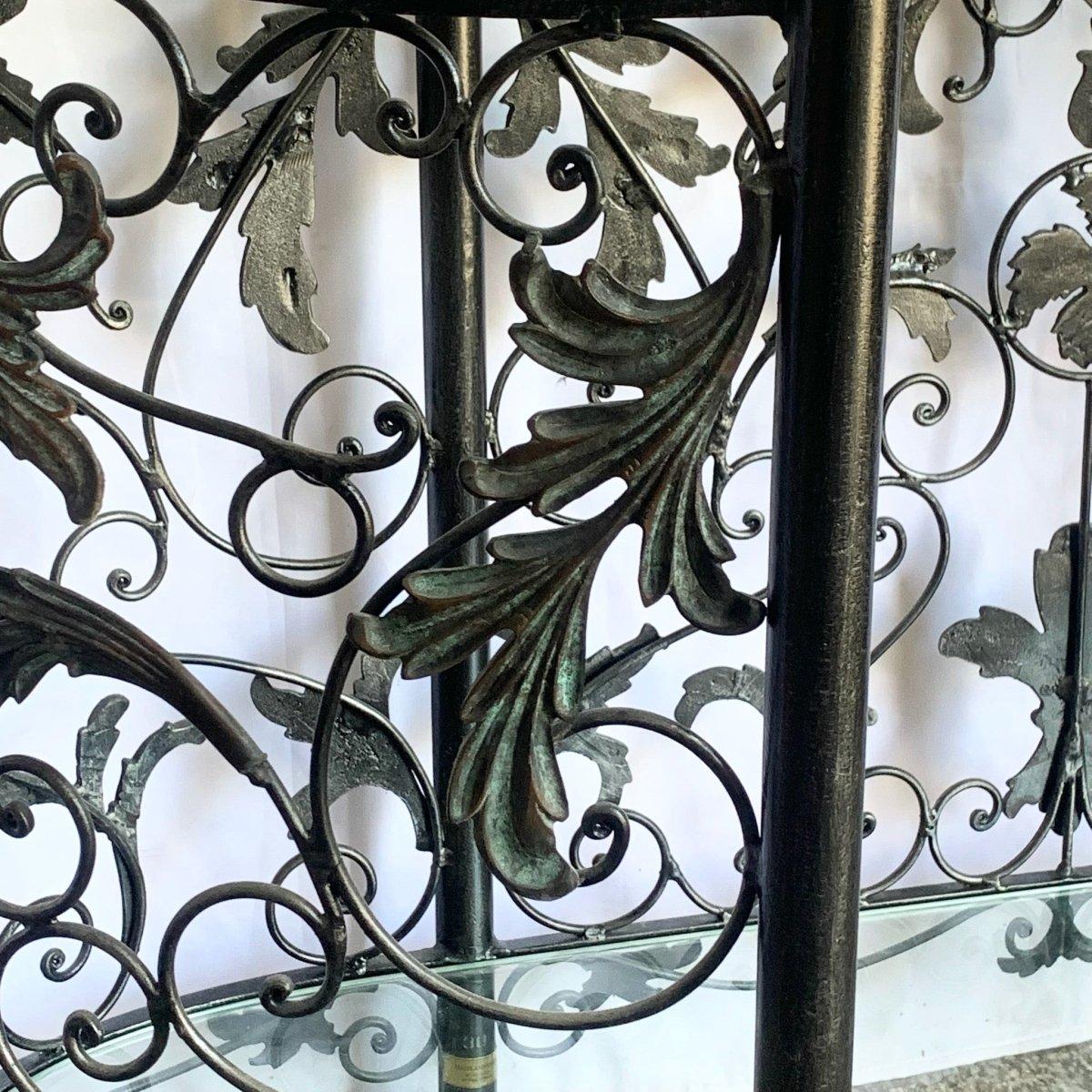 Vintage Wrought Iron Oval Two Tier Glass Top Console Table by Mainland Smith For Sale 5