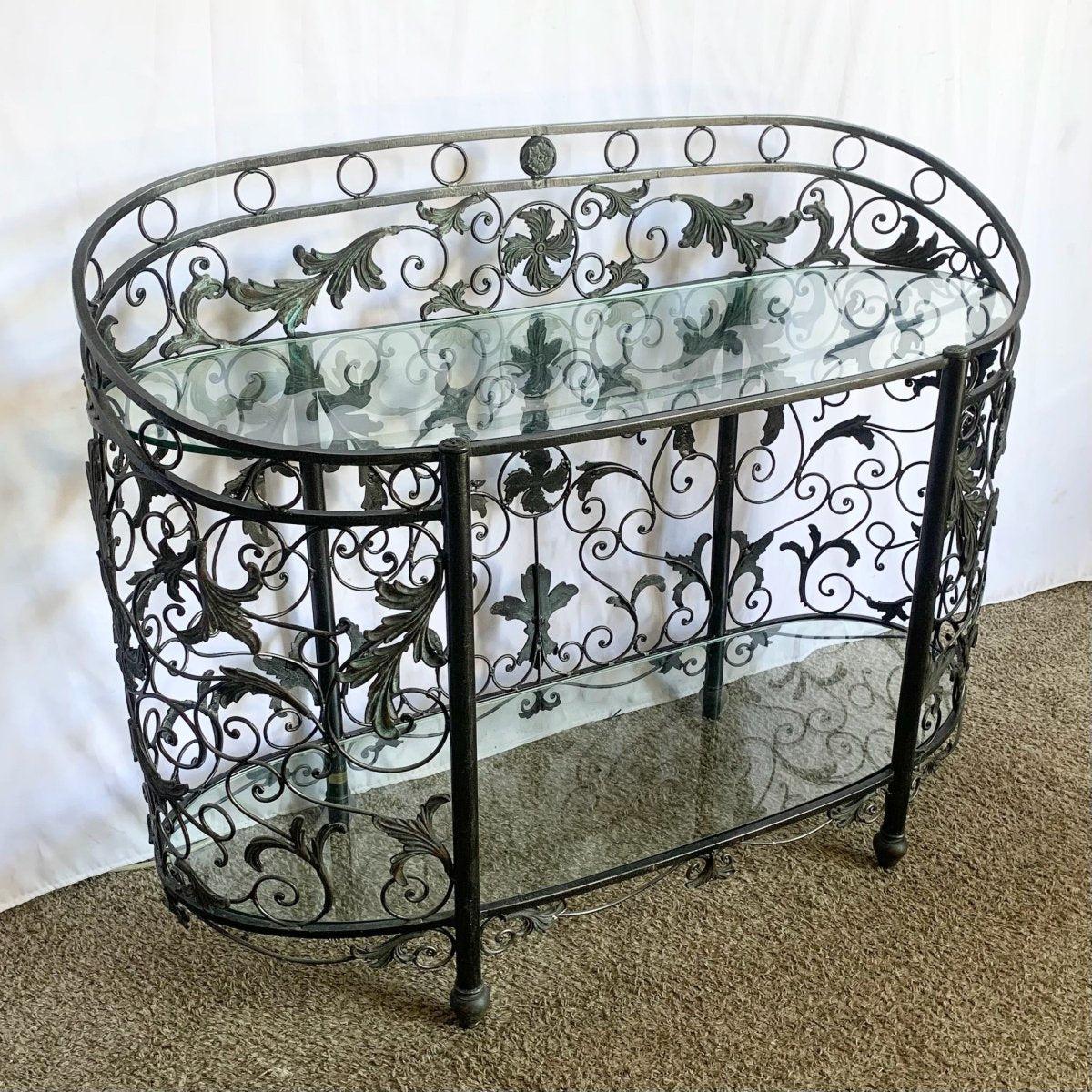 Vintage Wrought Iron Oval Two Tier Glass Top Console Table by Mainland Smith For Sale 6