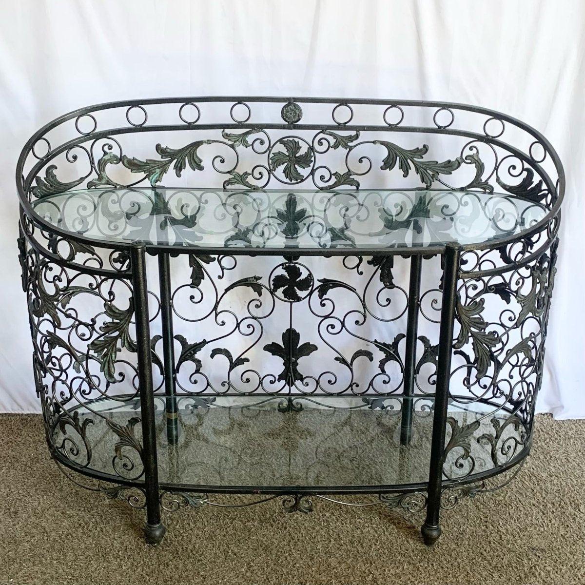 Vintage Wrought Iron Oval Two Tier Glass Top Console Table by Mainland Smith In Good Condition For Sale In Delray Beach, FL