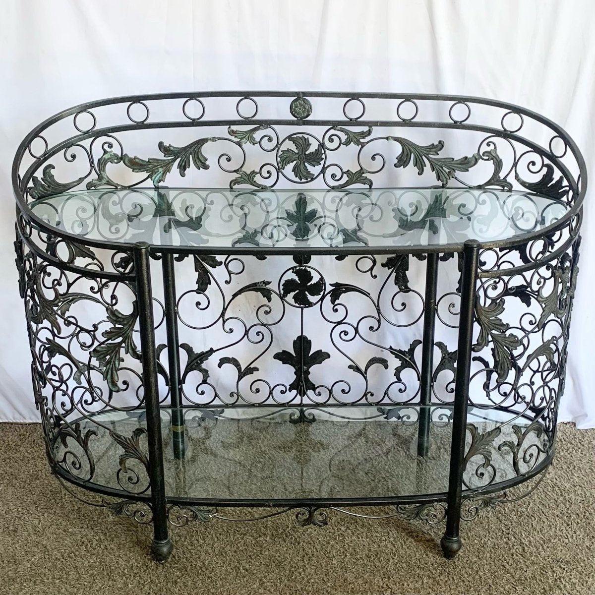 Late 20th Century Vintage Wrought Iron Oval Two Tier Glass Top Console Table by Mainland Smith For Sale
