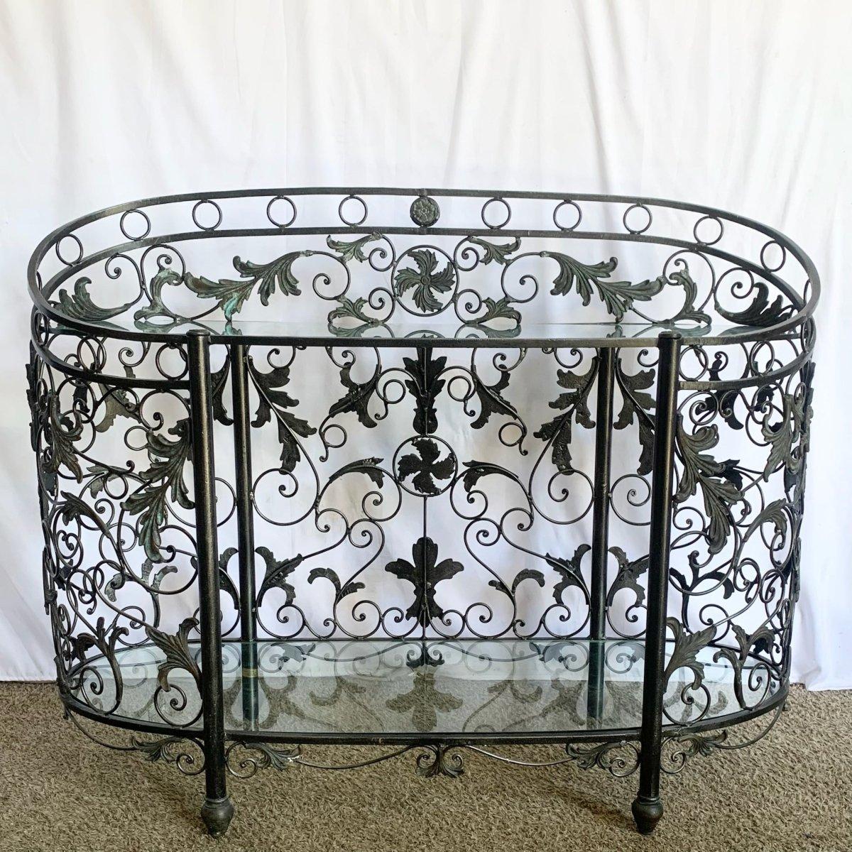 Vintage Wrought Iron Oval Two Tier Glass Top Console Table by Mainland Smith For Sale 1