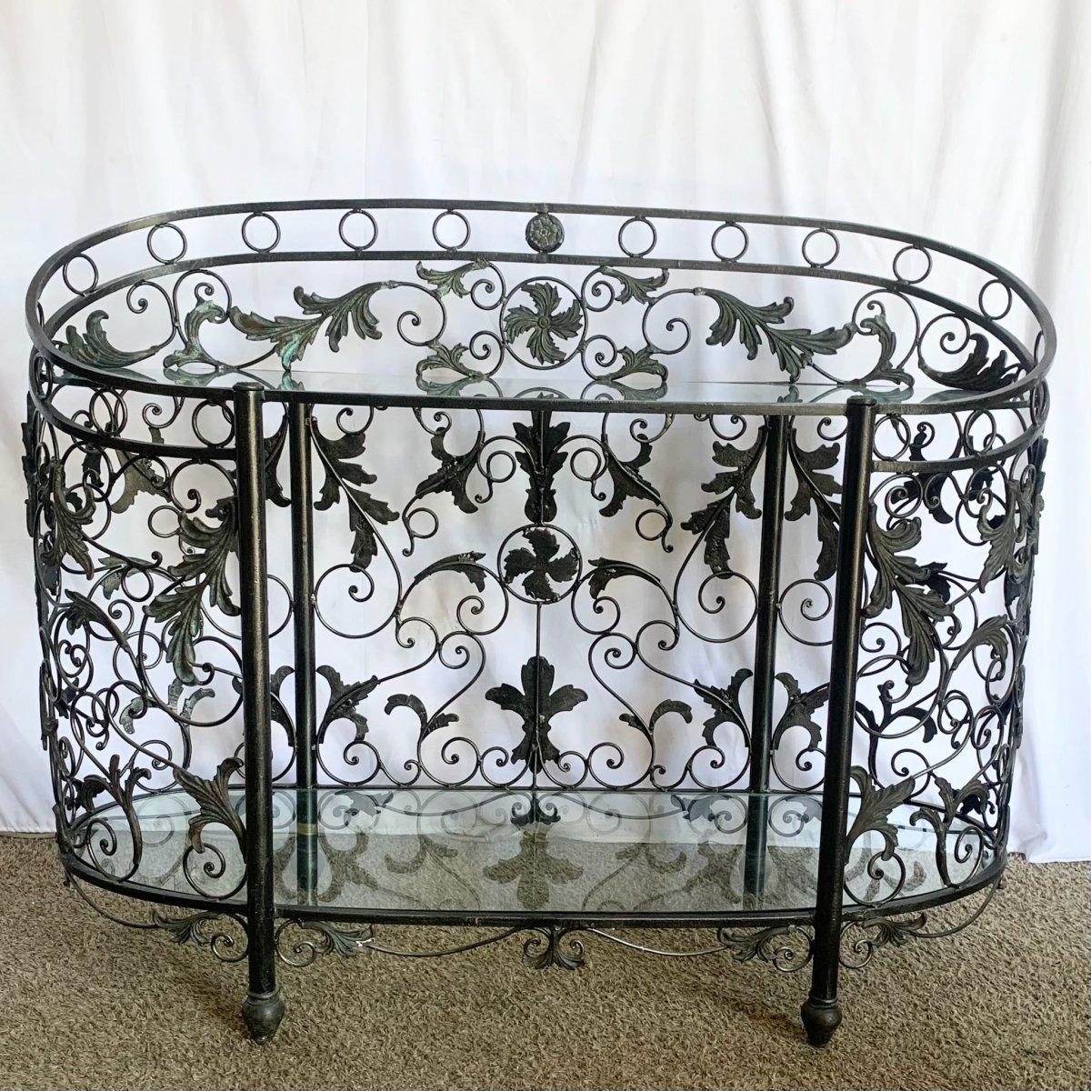 Vintage Wrought Iron Oval Two Tier Glass Top Console Table by Mainland Smith For Sale 2