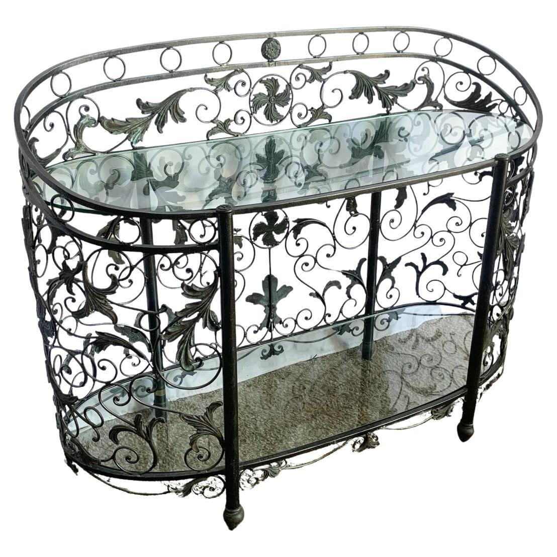 Vintage Wrought Iron Oval Two Tier Glass Top Console Table by Mainland Smith For Sale