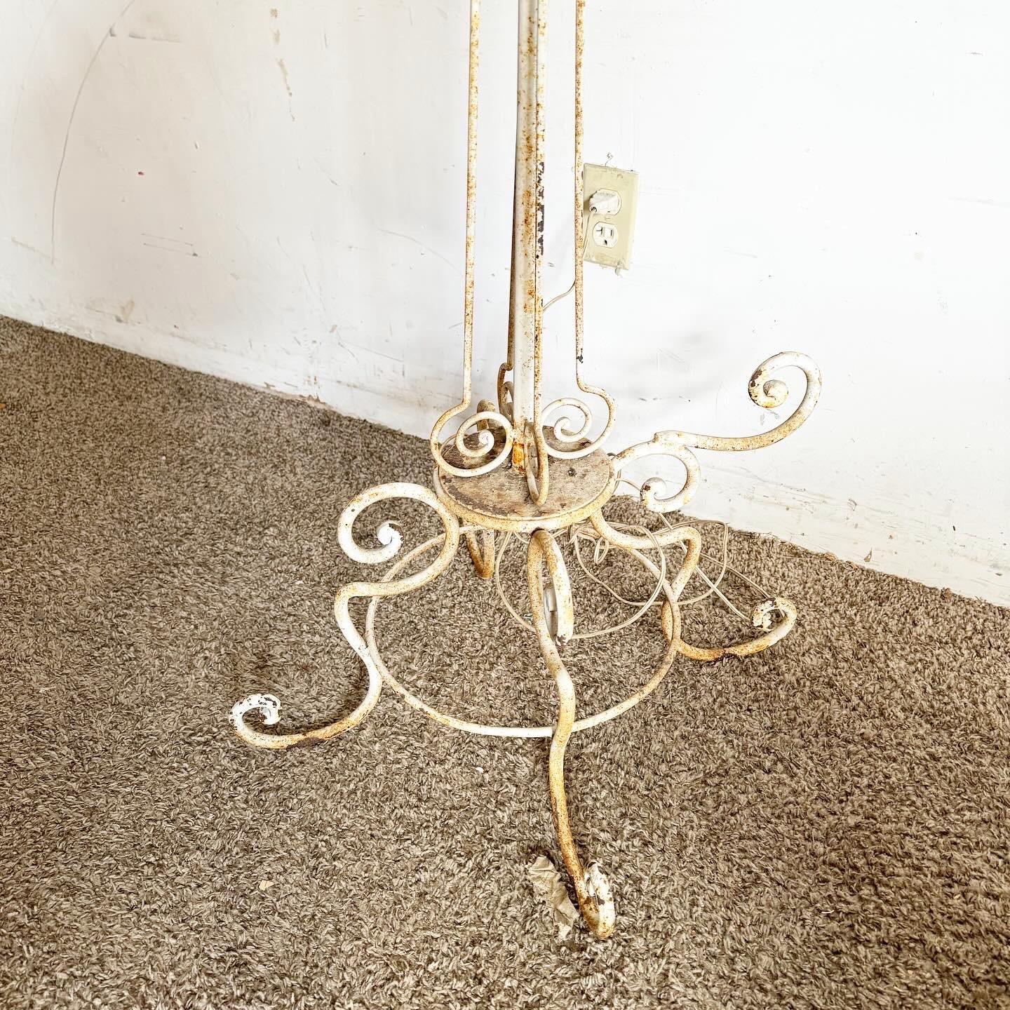20th Century Vintage Wrought Iron Painted White Floor Lamp For Sale