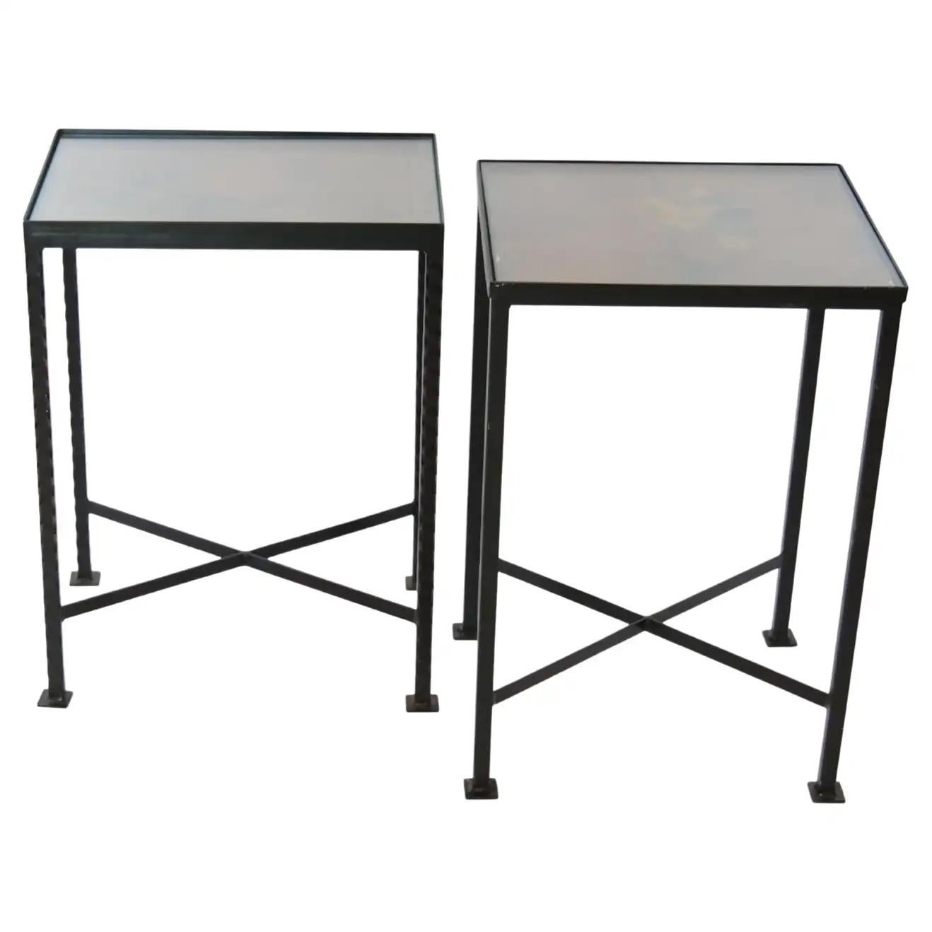 Vintage Wrought Iron / Painted Wood Top Side Tables For Sale 8