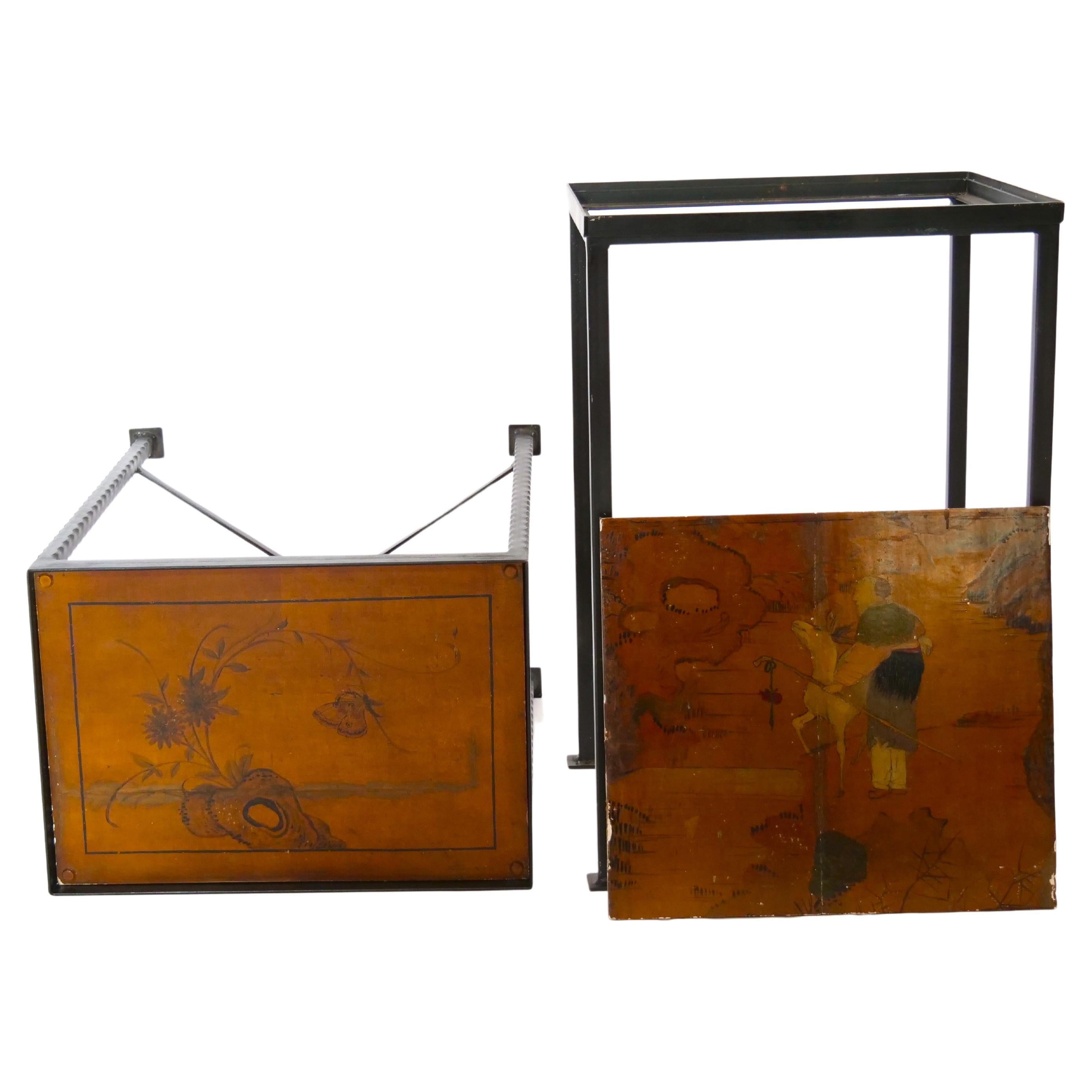 European Vintage Wrought Iron / Painted Wood Top Side Tables For Sale