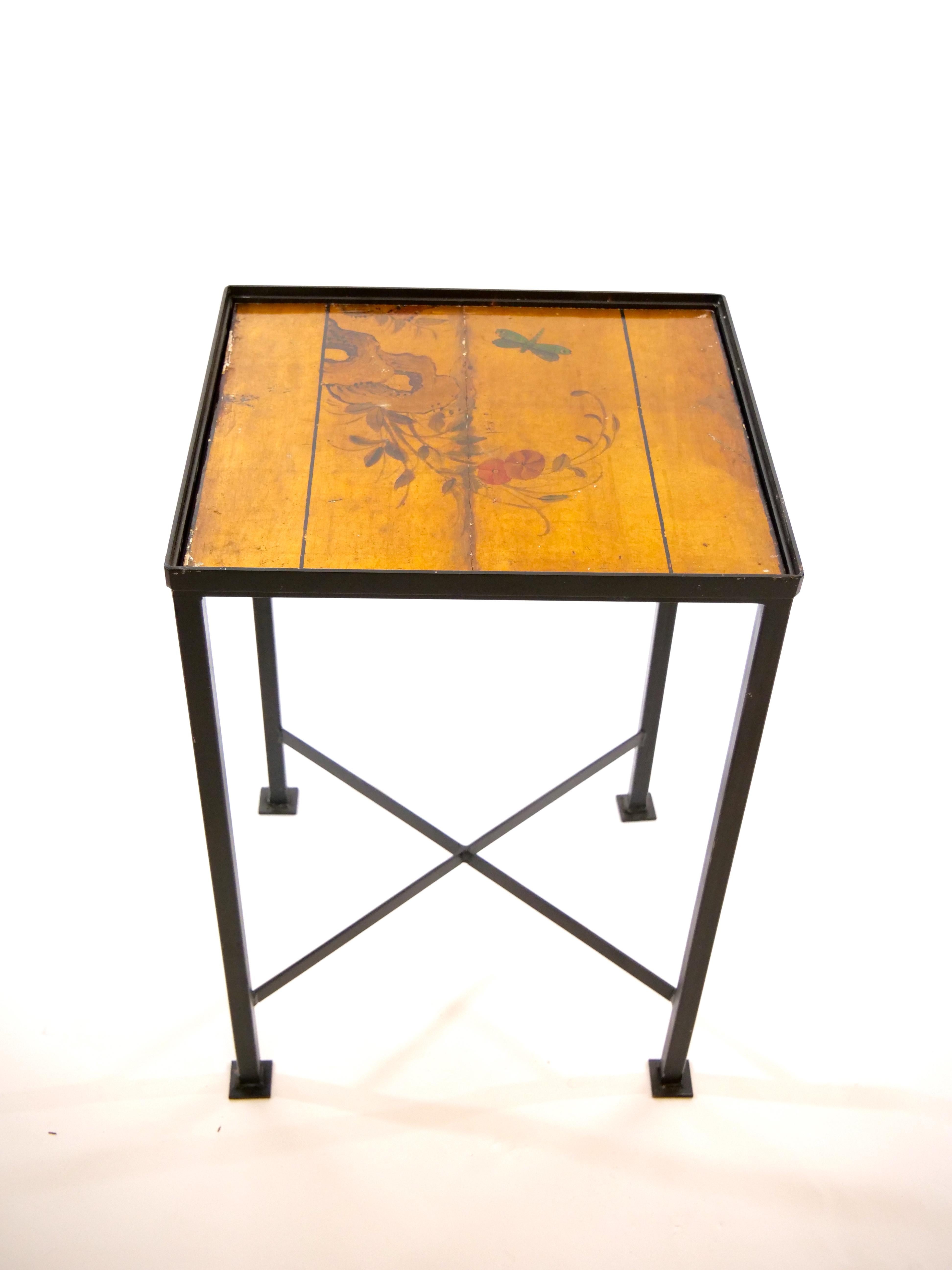 Hand-Crafted Vintage Wrought Iron / Painted Wood Top Side Tables For Sale