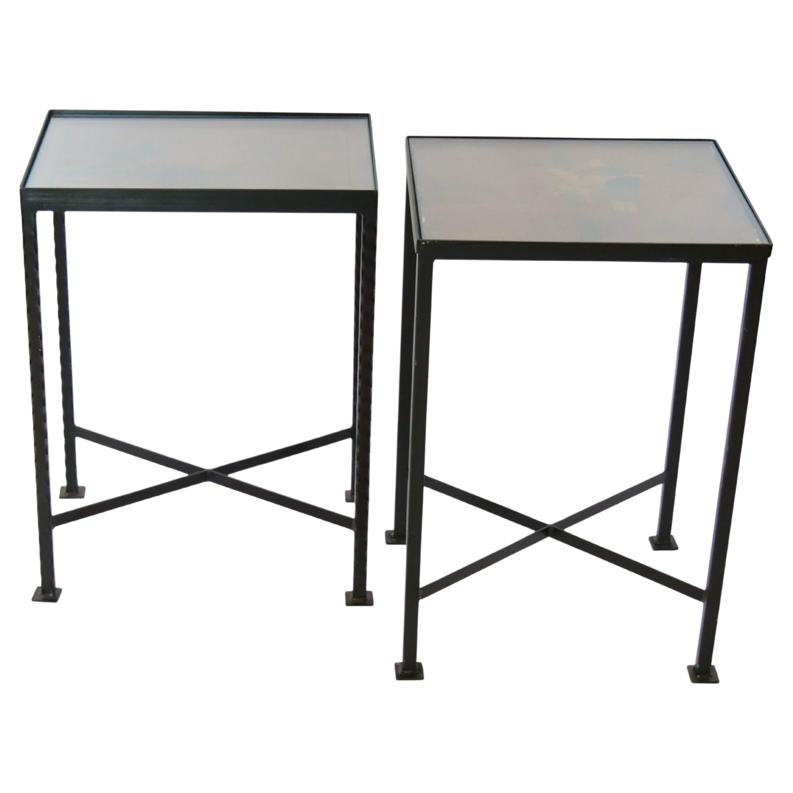Vintage Wrought Iron / Painted Wood Top Side Tables In Good Condition For Sale In Tarry Town, NY