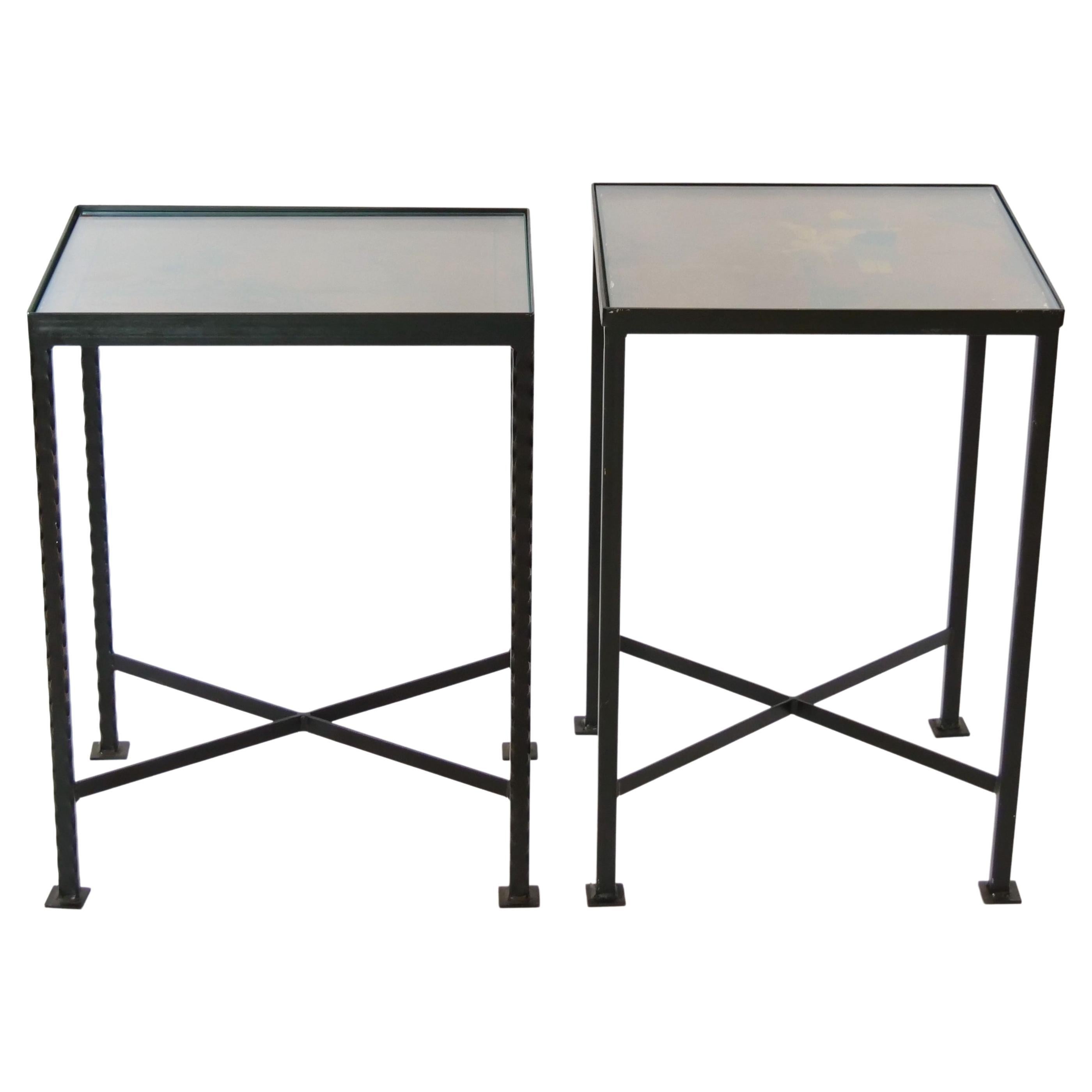Vintage Wrought Iron / Painted Wood Top Side Tables For Sale