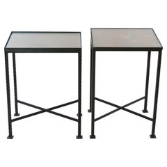 Vintage Wrought Iron / Painted Wood Top Side Tables