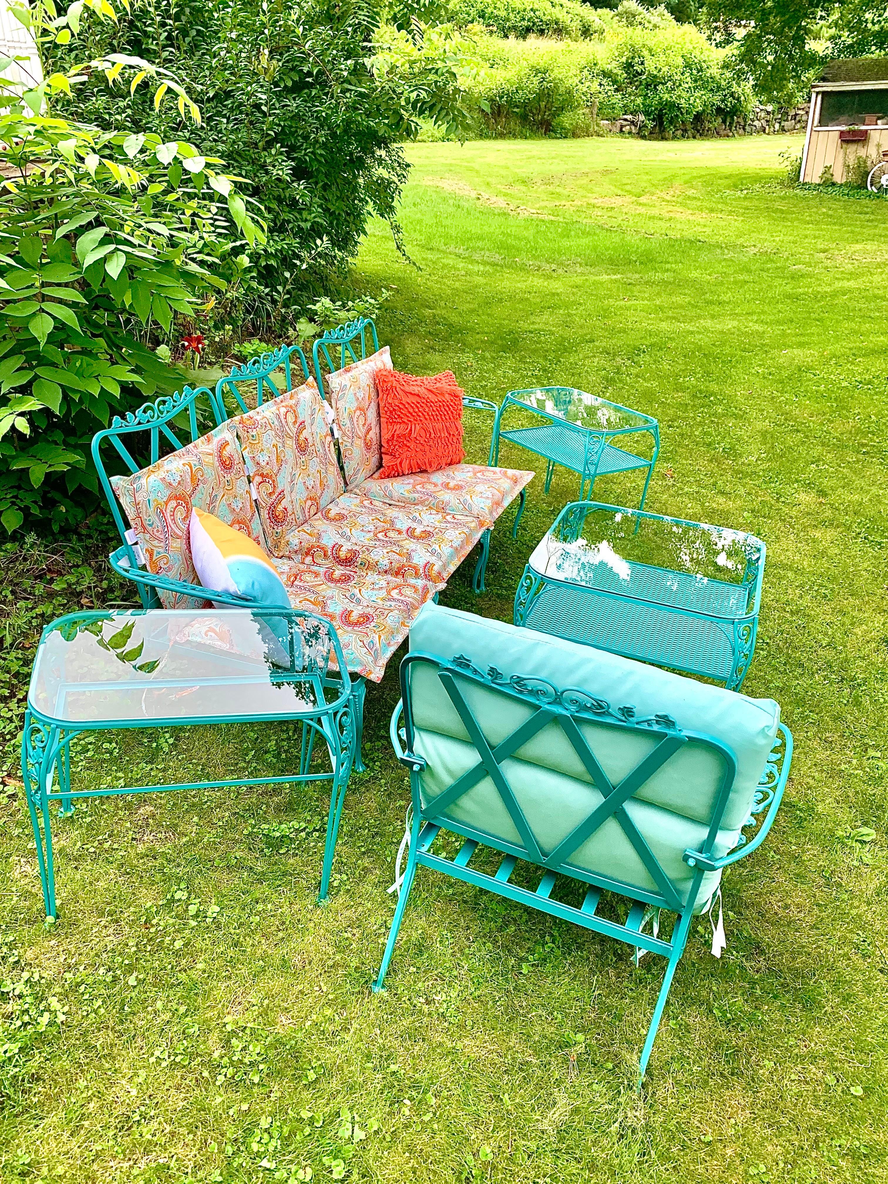Available now and ready to ship for your enjoyment 

Vintage Wrought Iron Sofa Conversation 9 Piece Set

Add some color and style to your garden, deck, or patio with this carefully curated vintage wrought iron patio set featuring a mix of turquoise