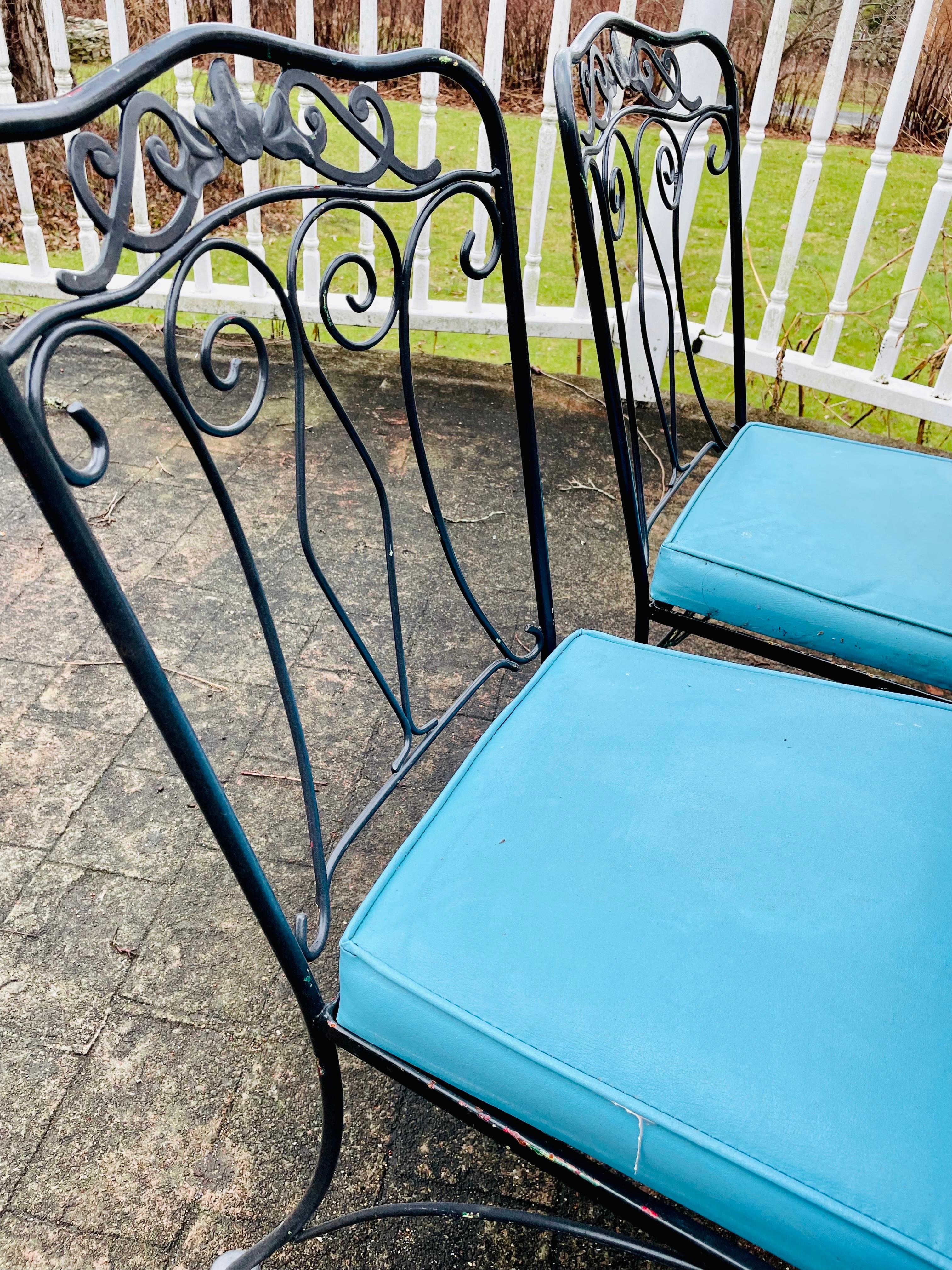 Vintage Wrought Iron Patio Furniture Seating Chairs with Teak Table For Sale 3