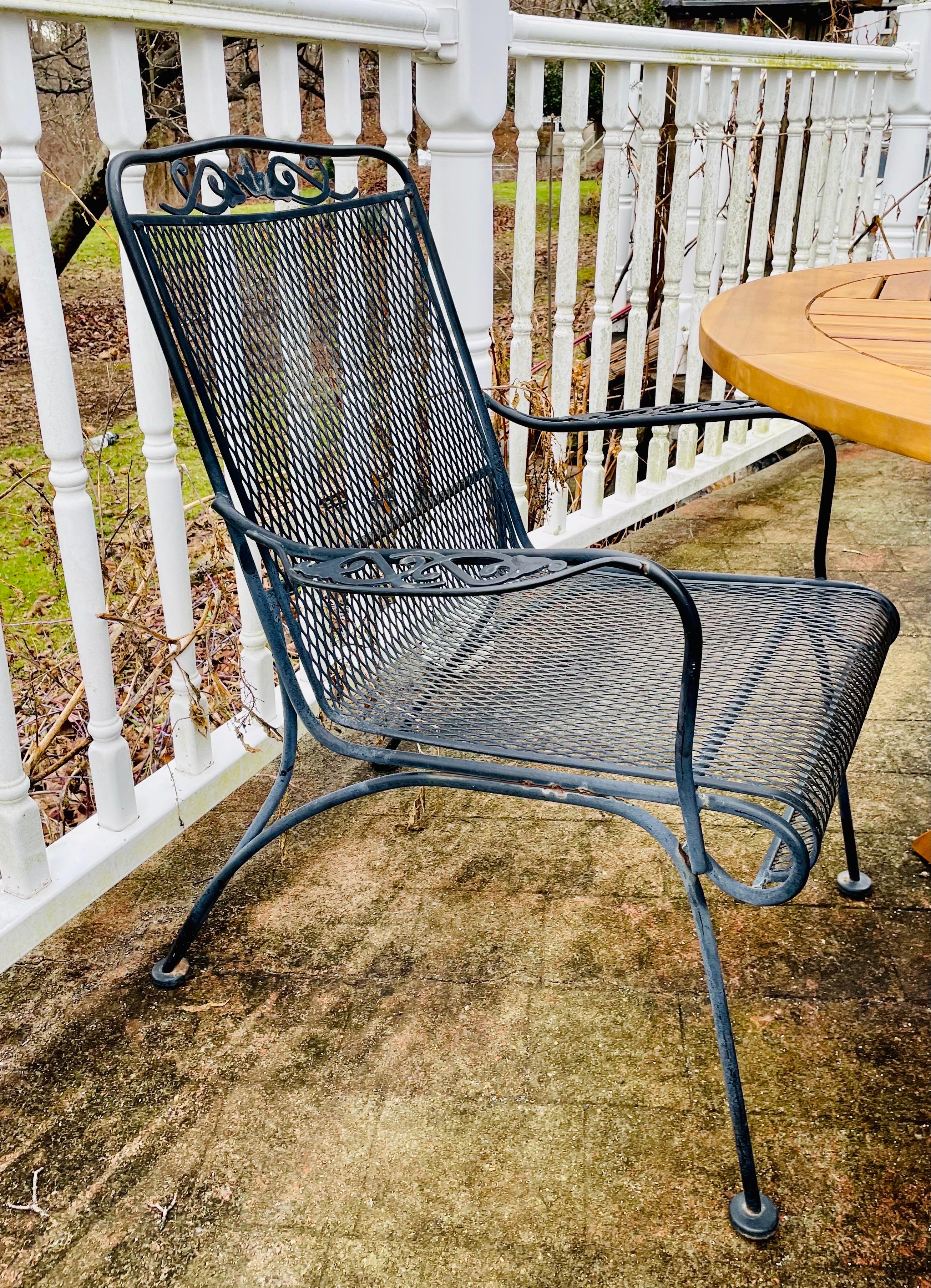 Vintage Wrought Iron Patio Furniture Seating Chairs with Teak Table For Sale 5