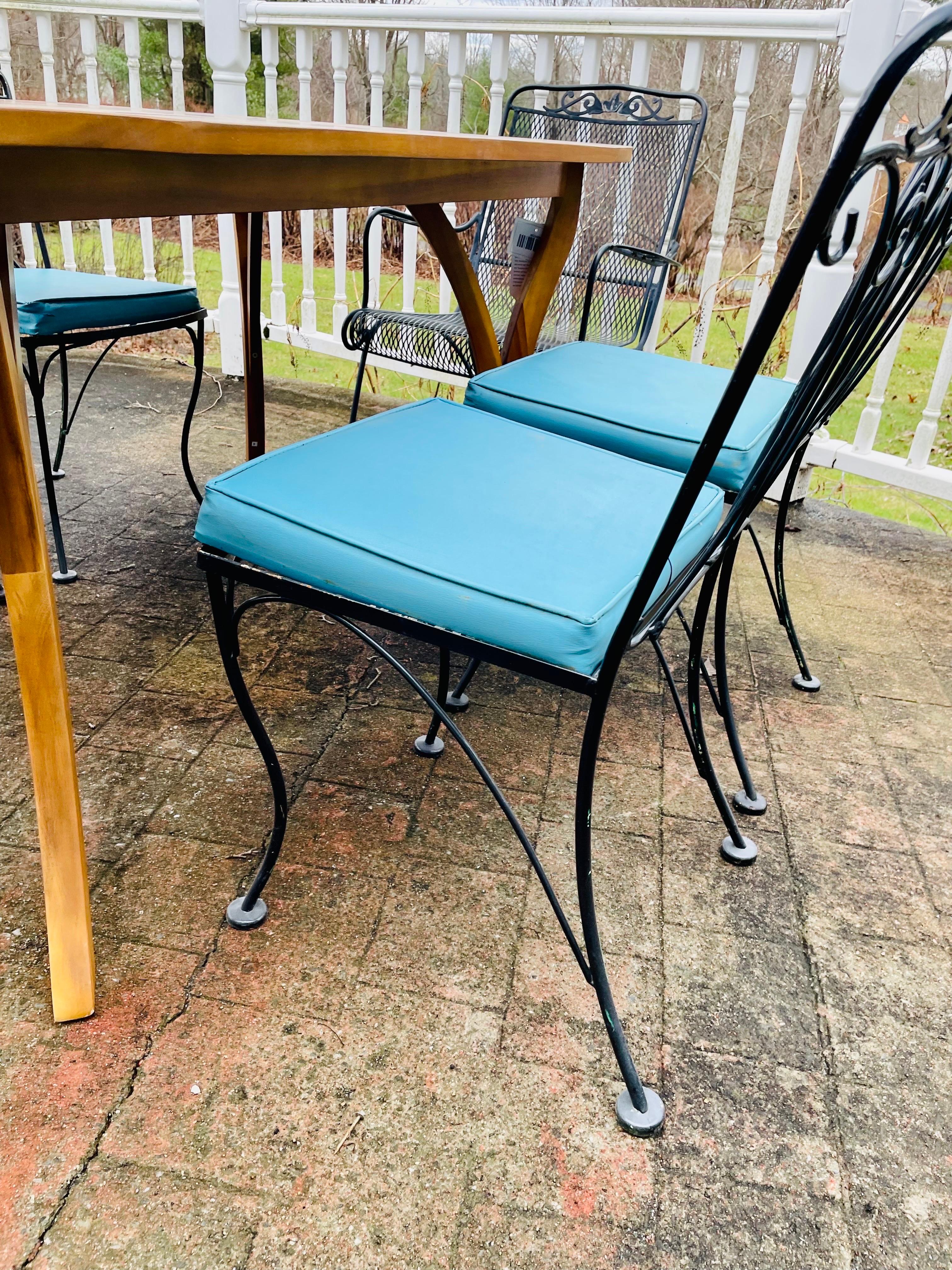 Vintage Wrought Iron Patio Furniture Seating Chairs with Teak Table In Good Condition For Sale In Cumberland, RI