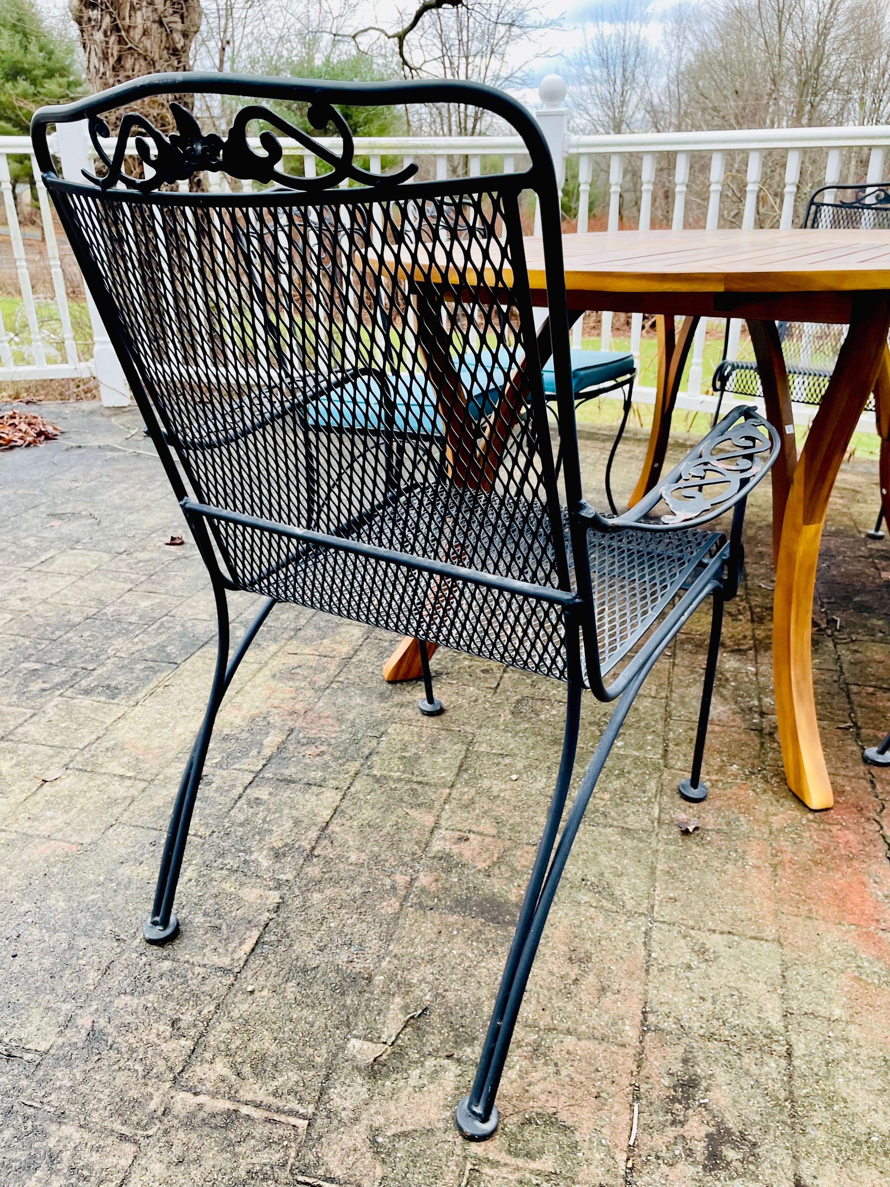 Vintage Wrought Iron Patio Furniture Seating Chairs with Teak Table For Sale 1